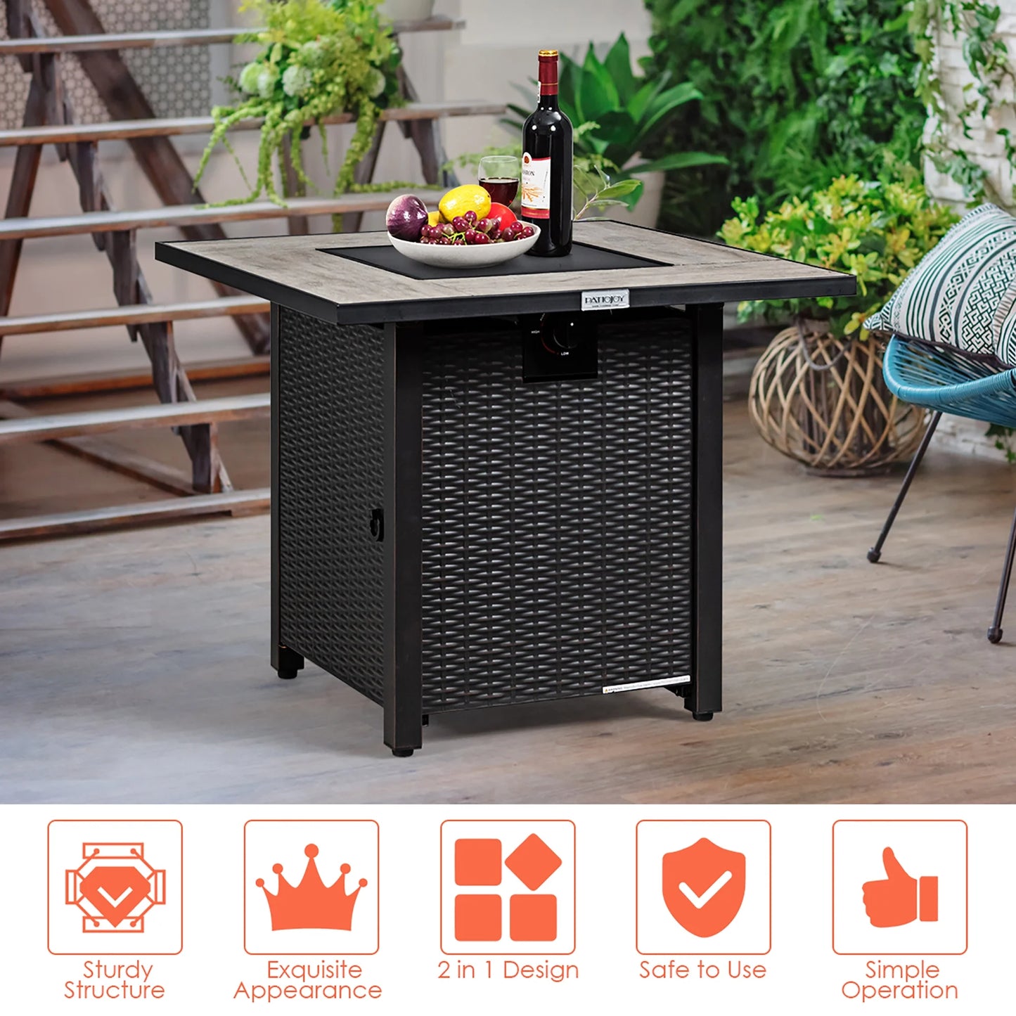 30'' Square Propane Gas Fire Pit Table Ceramic Tabletop 50,000 BTU with Cover