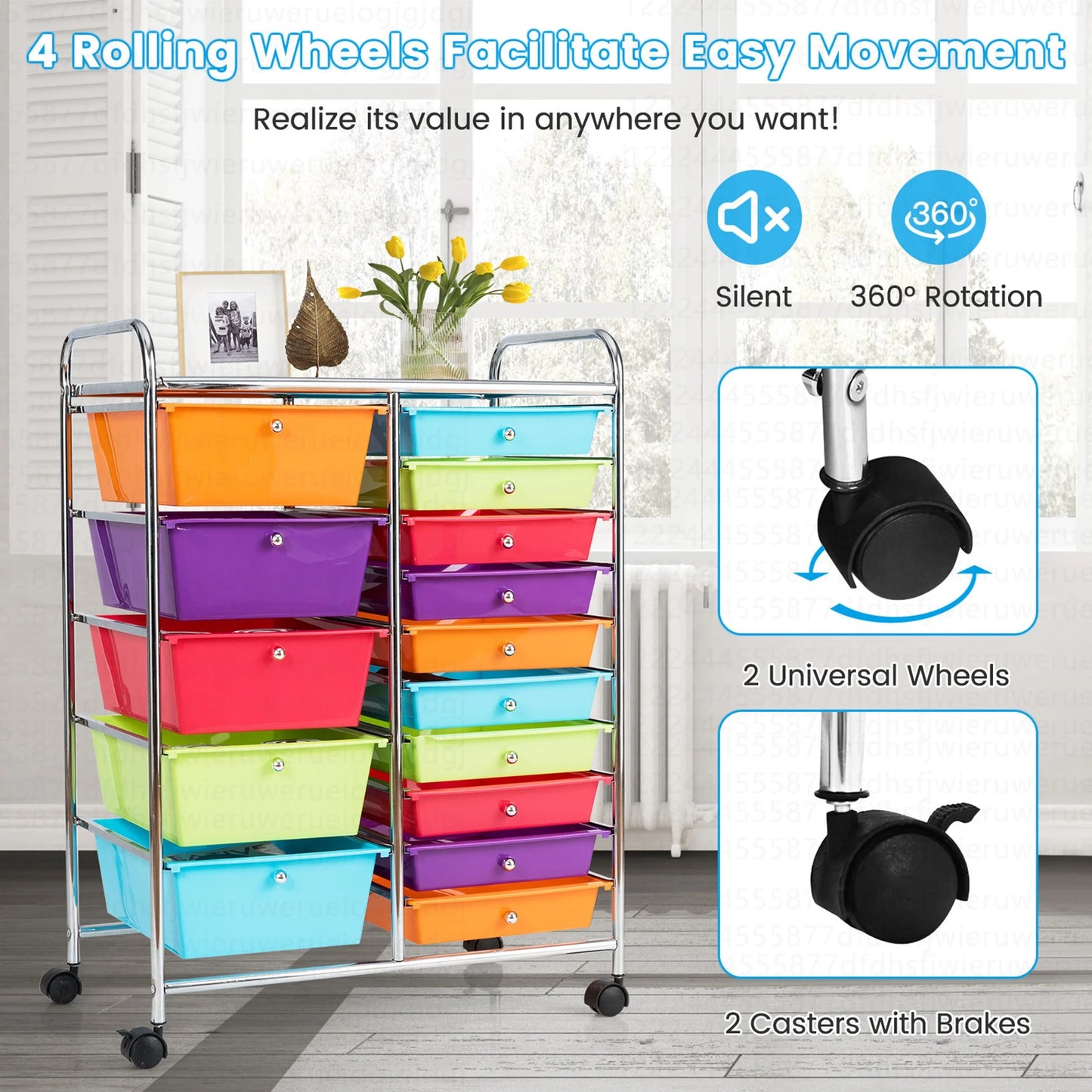15 Drawer Rolling Storage Cart Tools Scrapbook Paper Office School Organizer Multi-Color