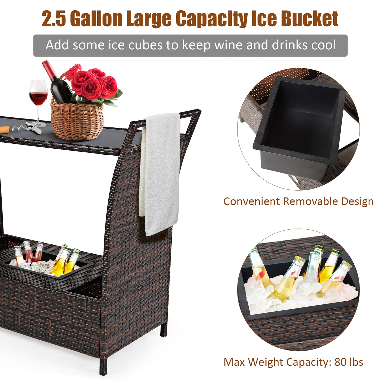 Patio Rolling Rattan Kitchen Trolley Cart Dining Aluminum Frame with Storage Box
