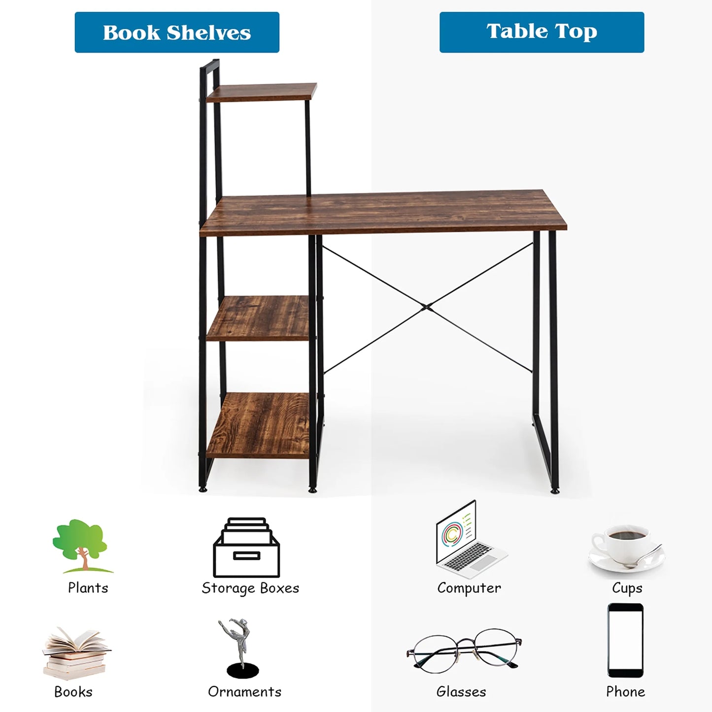 Modern Computer Desk with 3-Tier Storage Shelf CPU Stand Metal Frame for Bedroom