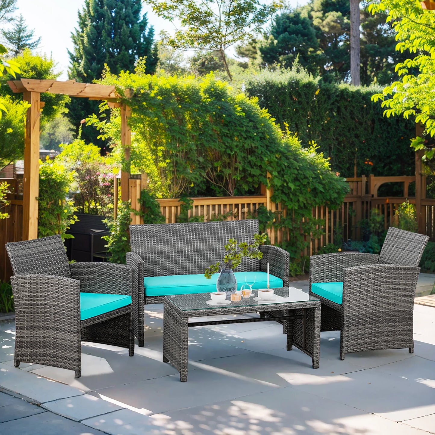 4-Piece Patio Rattan Furniture Set with Cushions & Tempered Glass Tabletop, White
