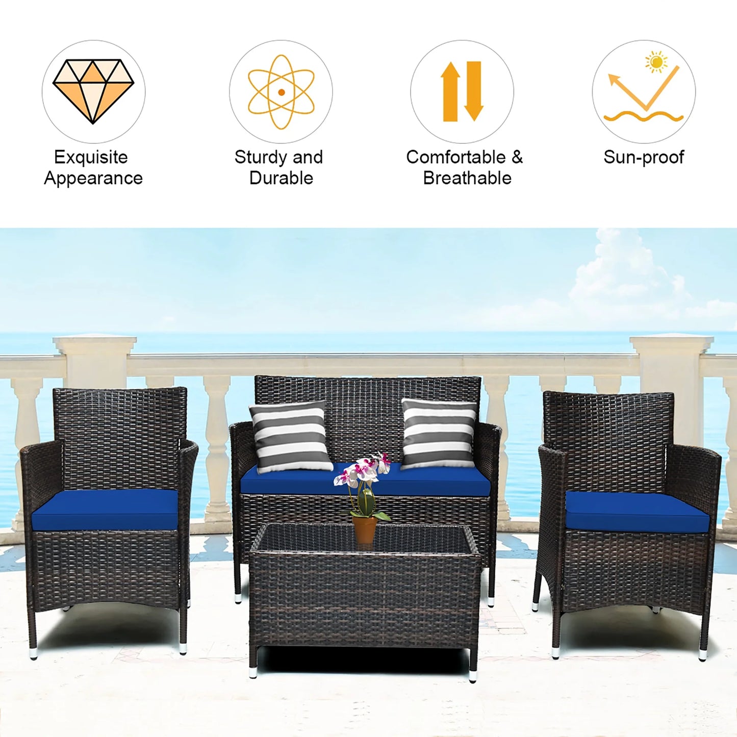 4PCS Rattan Patio Furniture Set Cushioned Sofa Chair Coffee Table Navy