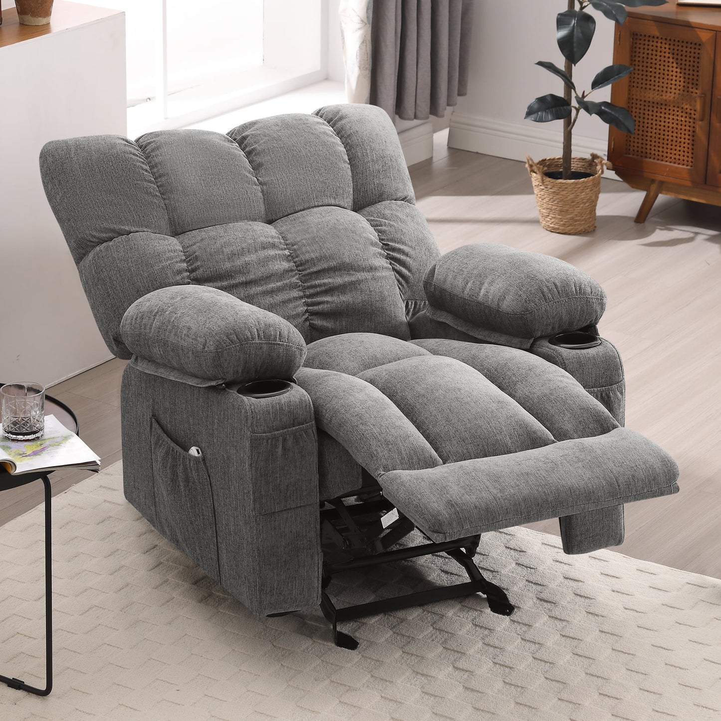 Manual Recliner Chair with Heat Therapy and Massage Function, Heavy Duty Reclining Mechanism Massage Chair, Elderly Single Rocker Sofa with Cup Holders for Bedroom Home Theater,Grey