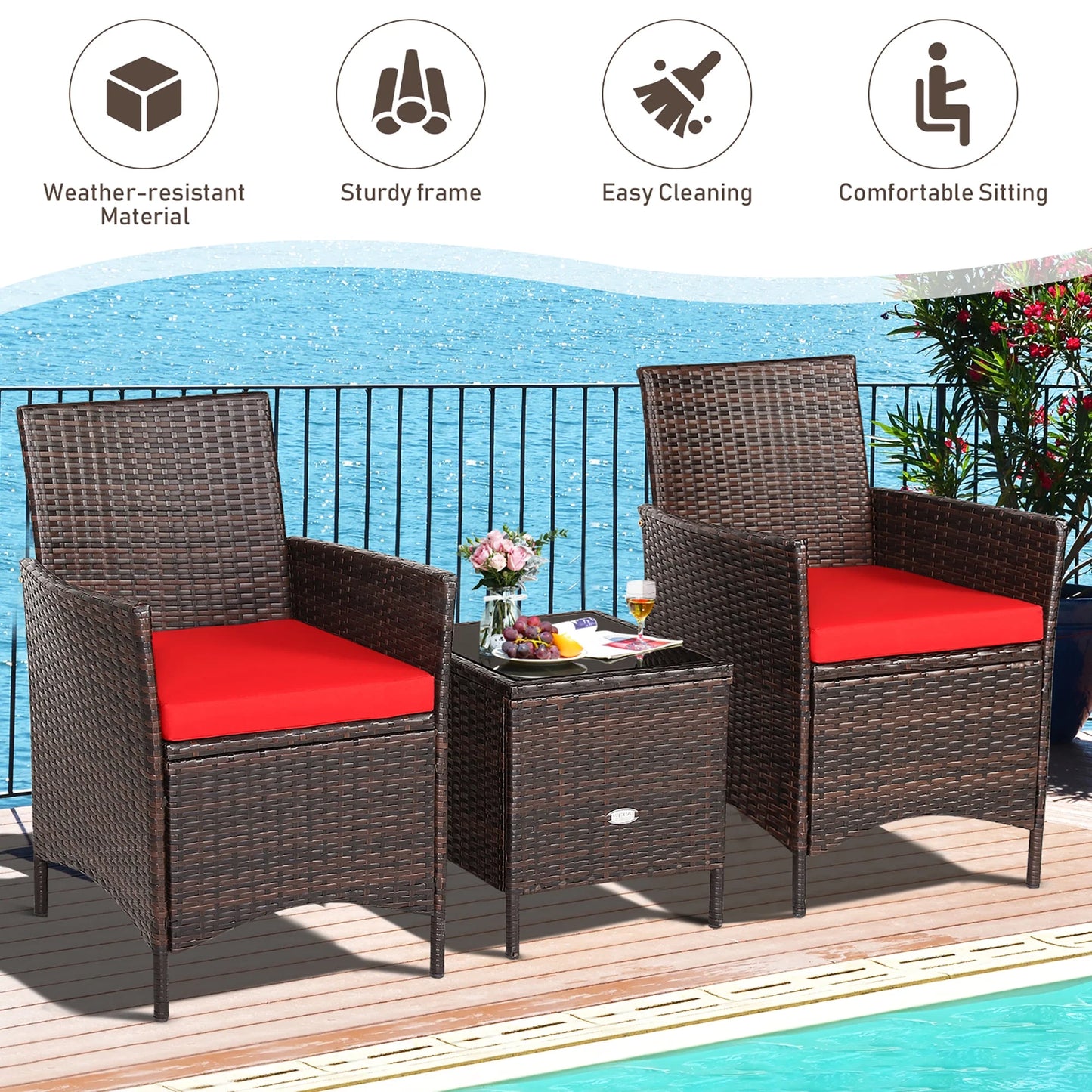 3PCS Patio Rattan Furniture Set Cushioned Sofa Glass Tabletop Deck Red