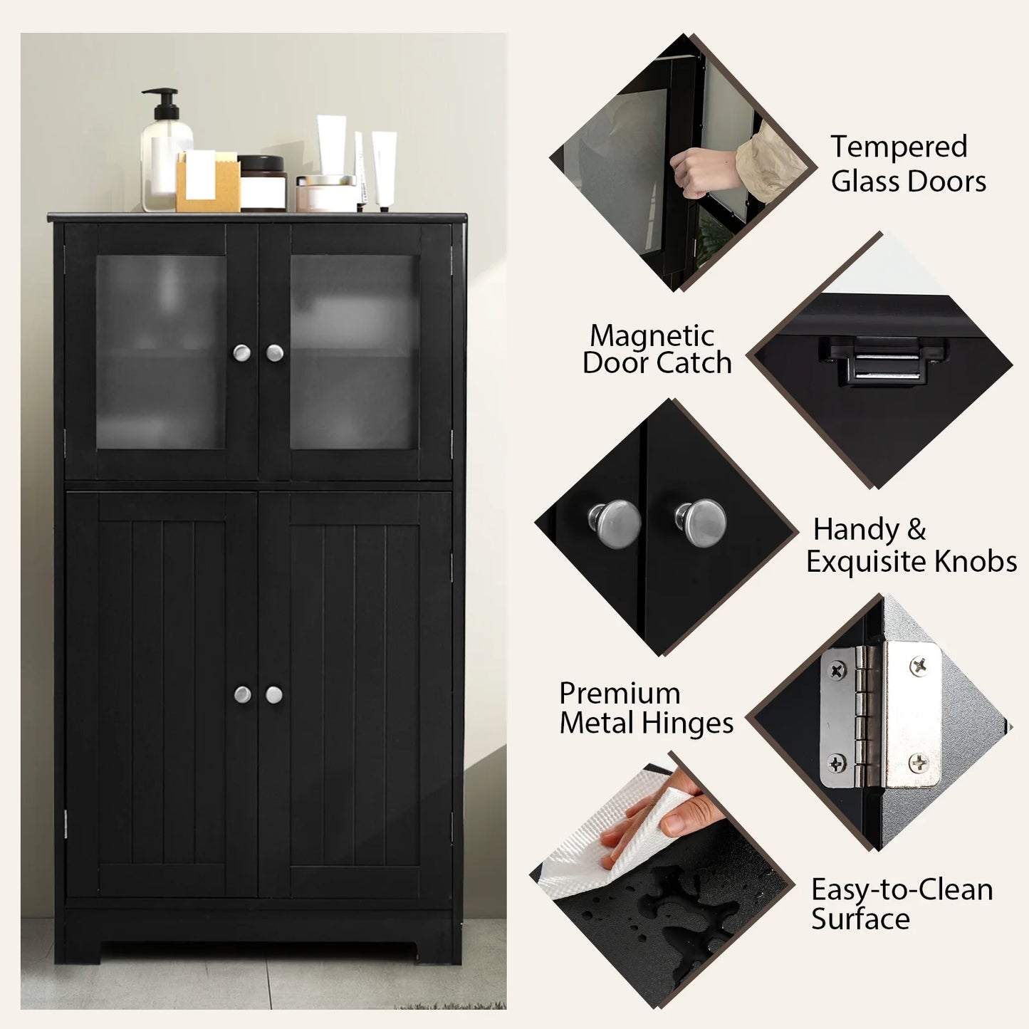 Bathroom Floor Storage Cabinet Kitchen Cupboard W/Doors&Adjustable Shelf Black