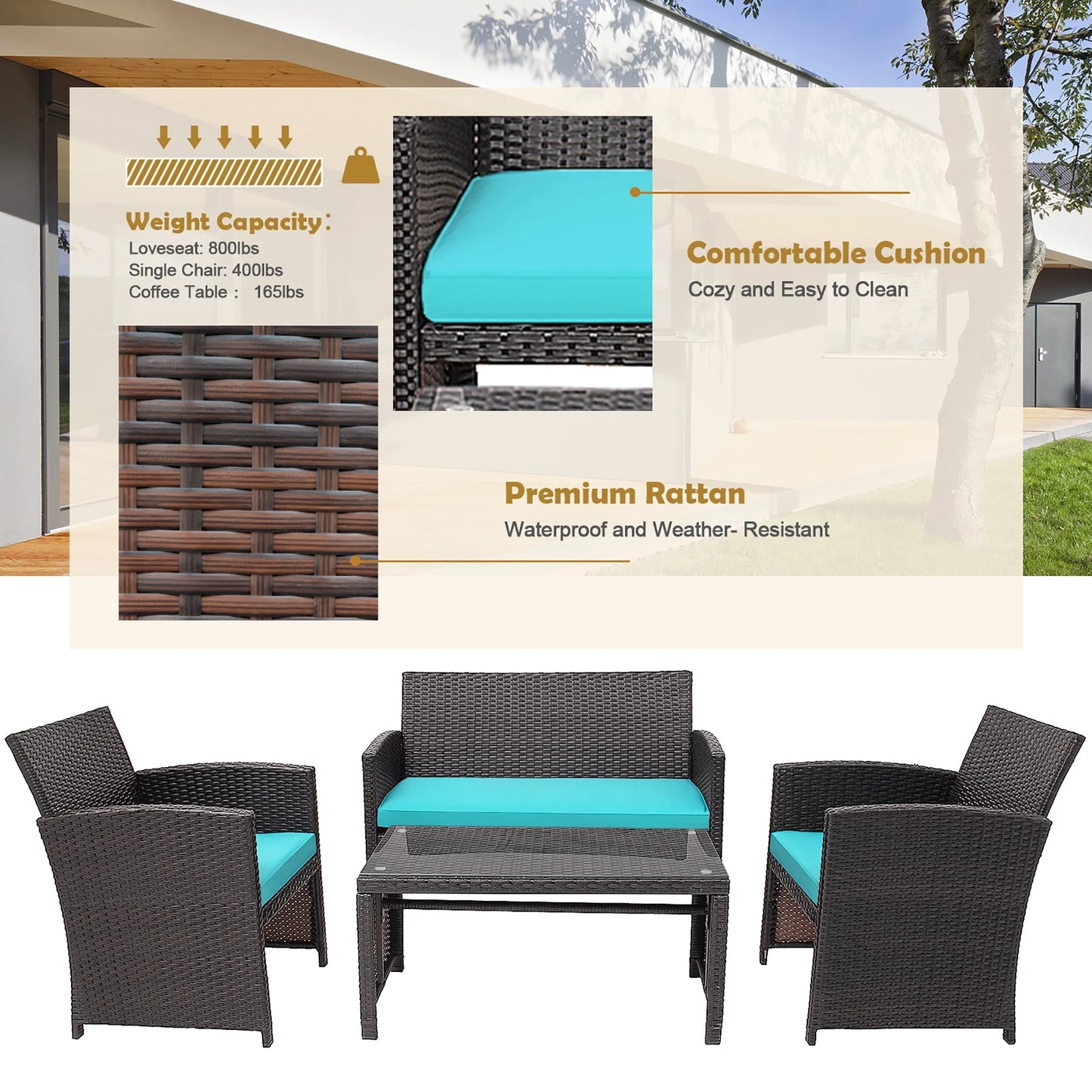 4PCS Patio Rattan Furniture Set Cushioned Chair Sofa Coffee Table Turquoise