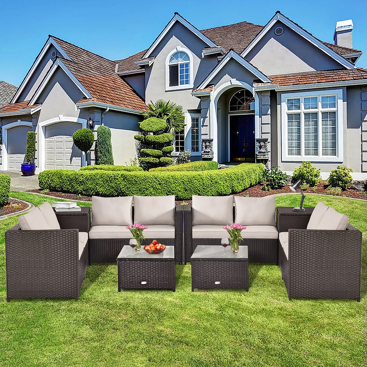 4PCS Patio Rattan Furniture Set Cushioned Loveseat Storage Table Navy