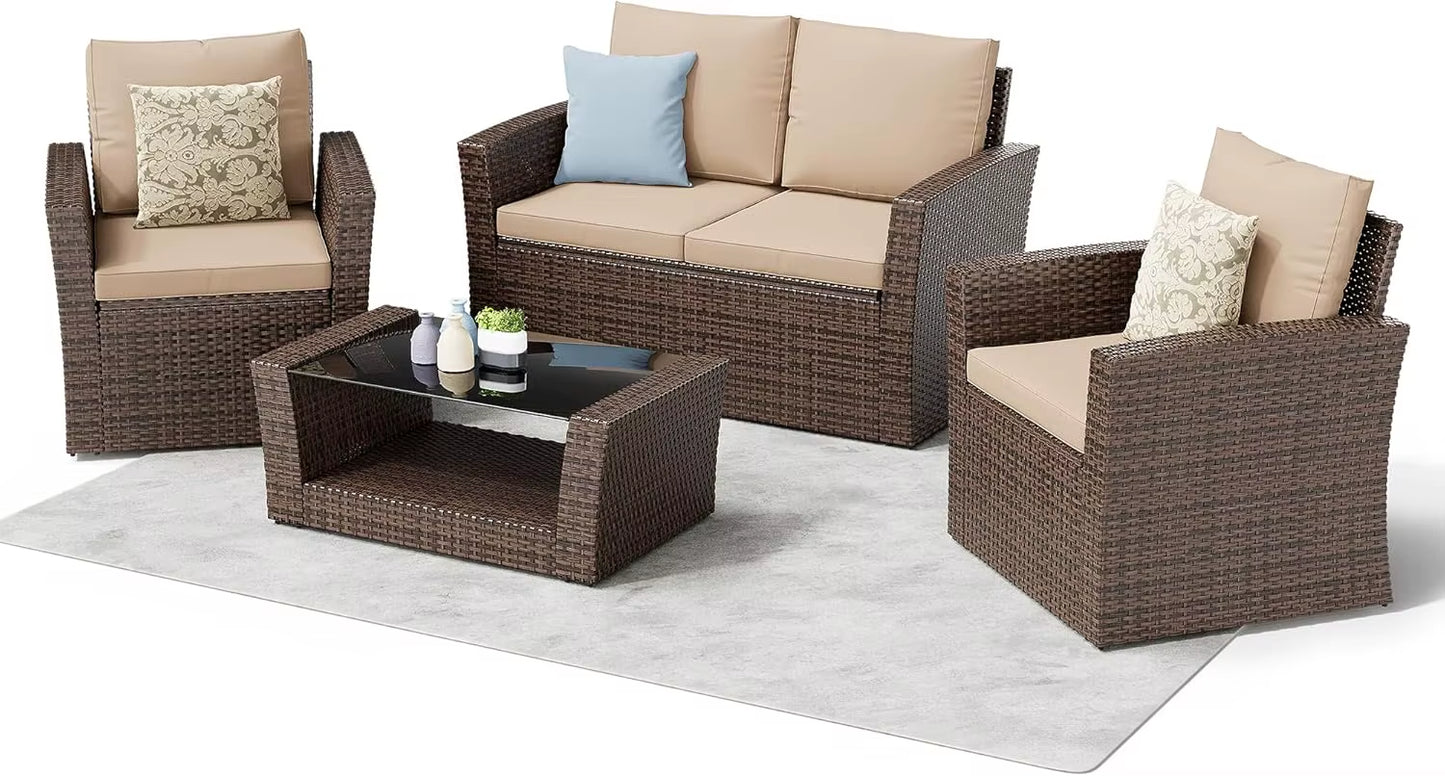 4 Piece Outdoor Patio Conversation Sets, Wicker Patio Furniture with Rattan Glass Table,Cushioned Patio Furniture Set for Garden