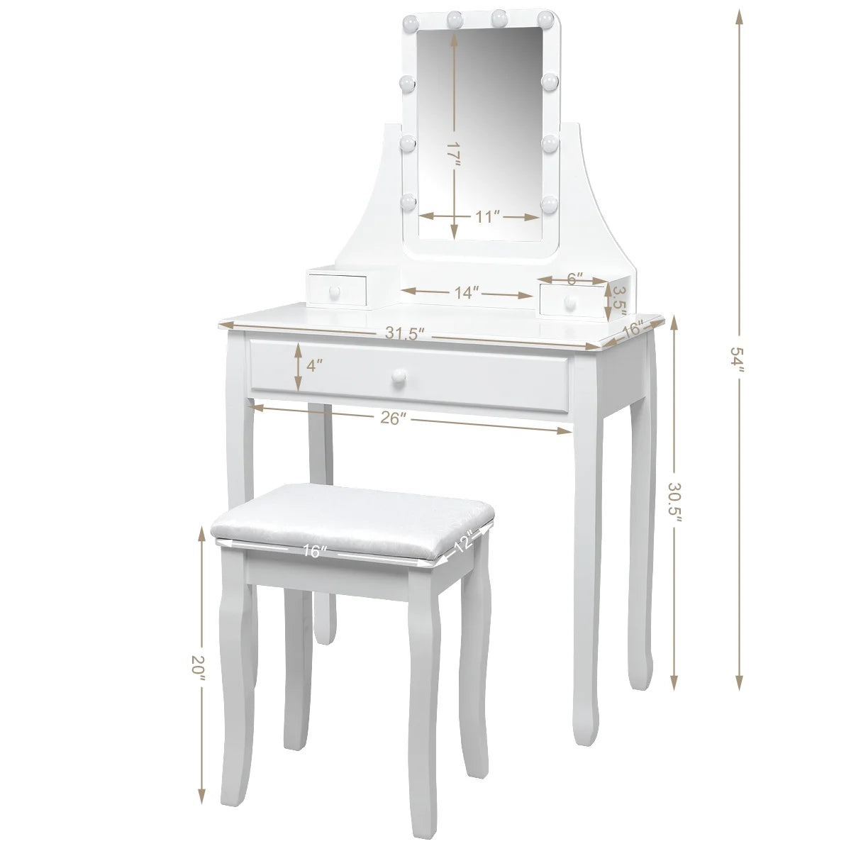 Vanity Table 10 Dimmable Bulbs Makeup Dressing Desk White