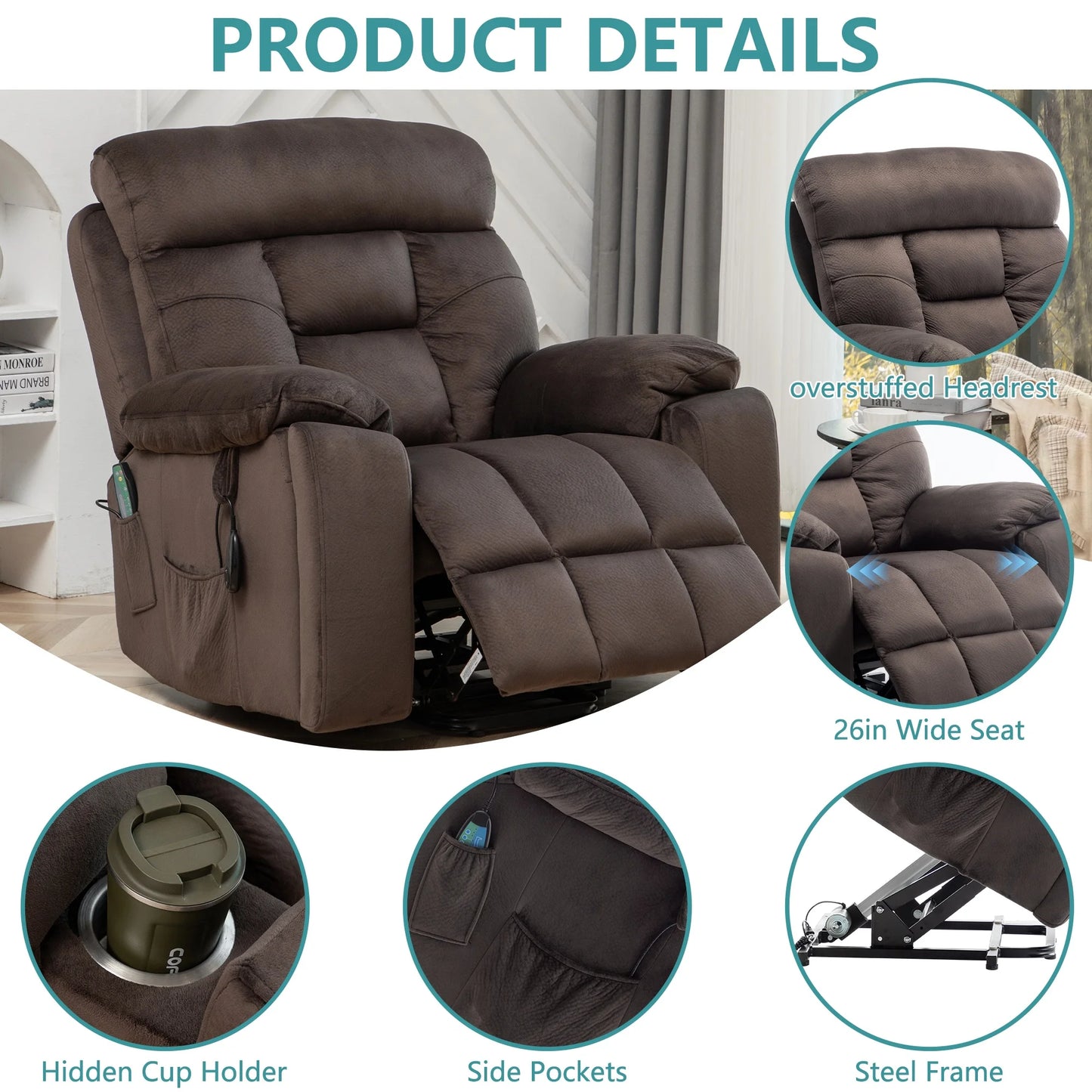 Oversized Massage Recliner Chair with Heat, Large Electric Power Lift Recliner Chair for Big and Tall and Elderly with Hidden Cup Holder, 350Lb, Home Theater Accent Chairs, Dark Brown
