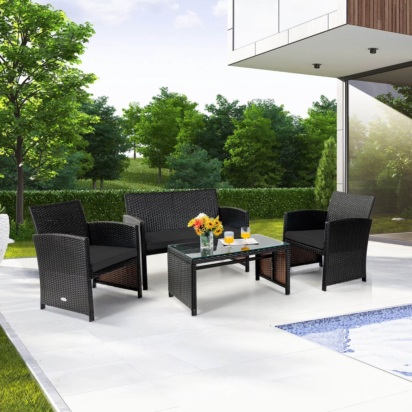 4PCS Patio Rattan Furniture Set Cushioned Chair Sofa Coffee Table Turquoise