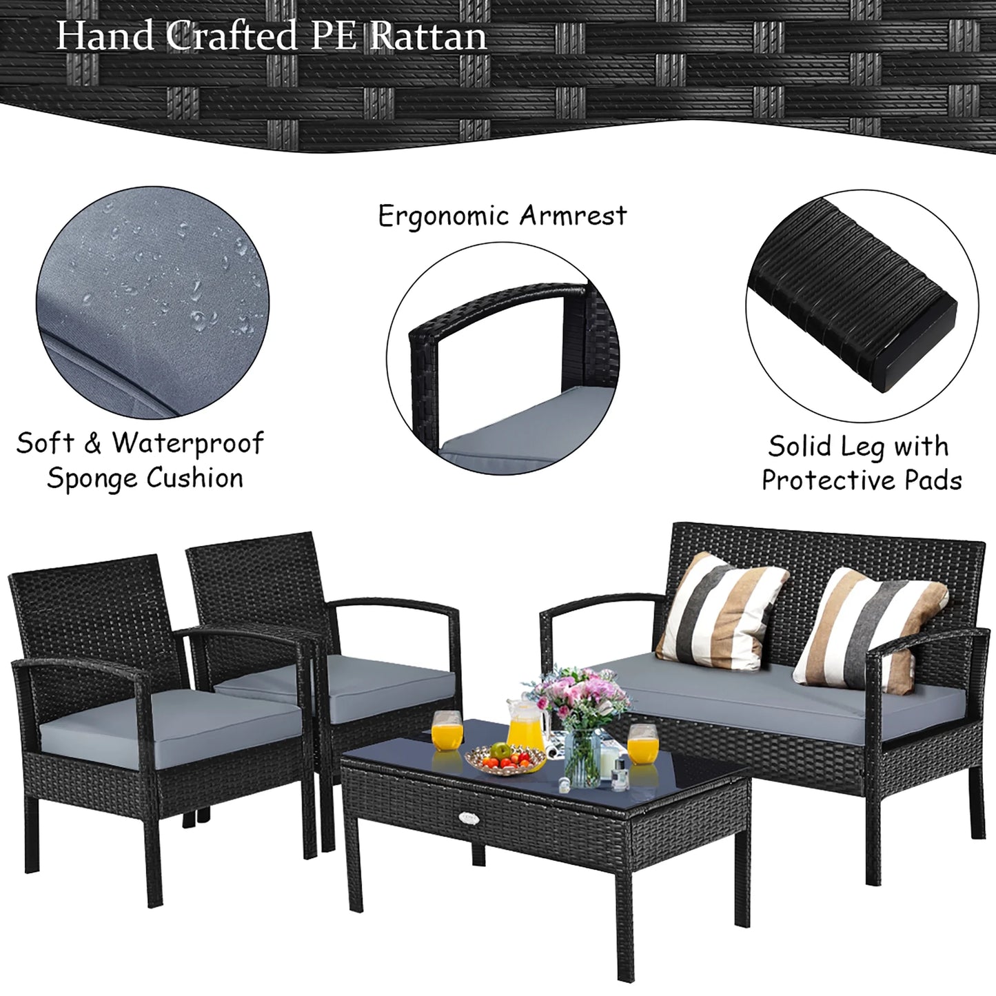 HW63756 4PCS Patio Rattan Furniture Set Garden Deck