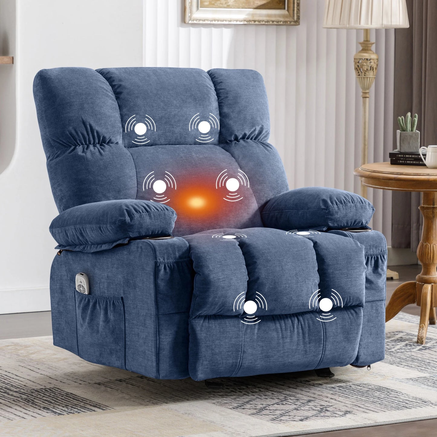 Massage Swivel Rocker Recliner Chair with Vibration Massage and Heat Ergonomic Lounge Chair for Living Room with Rocking Function and Side Pocket, 2 Cup Holders, USB Charge Port,Brown