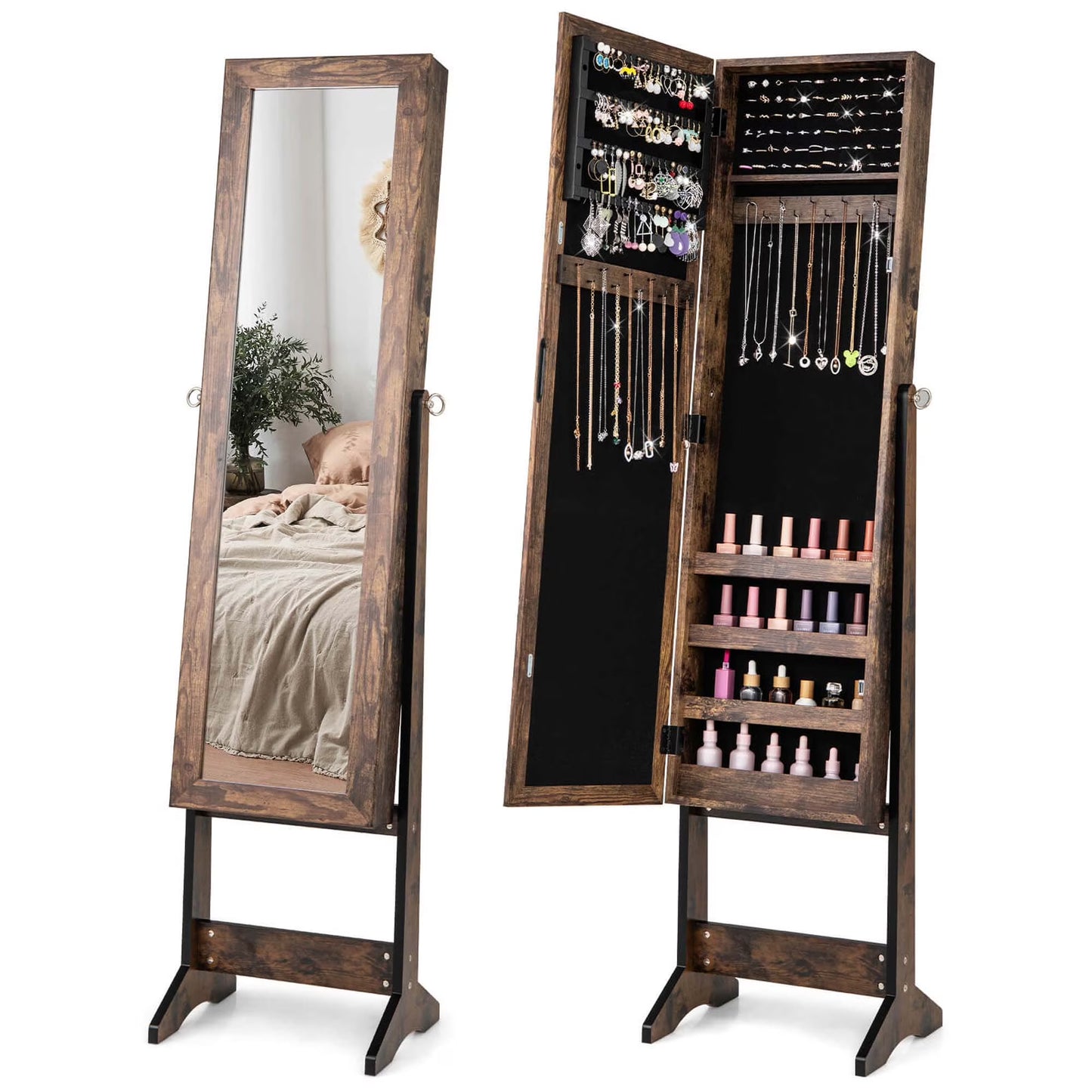 Mirrored Jewelry Cabinet Mirror Organizer Storage Ring Stand