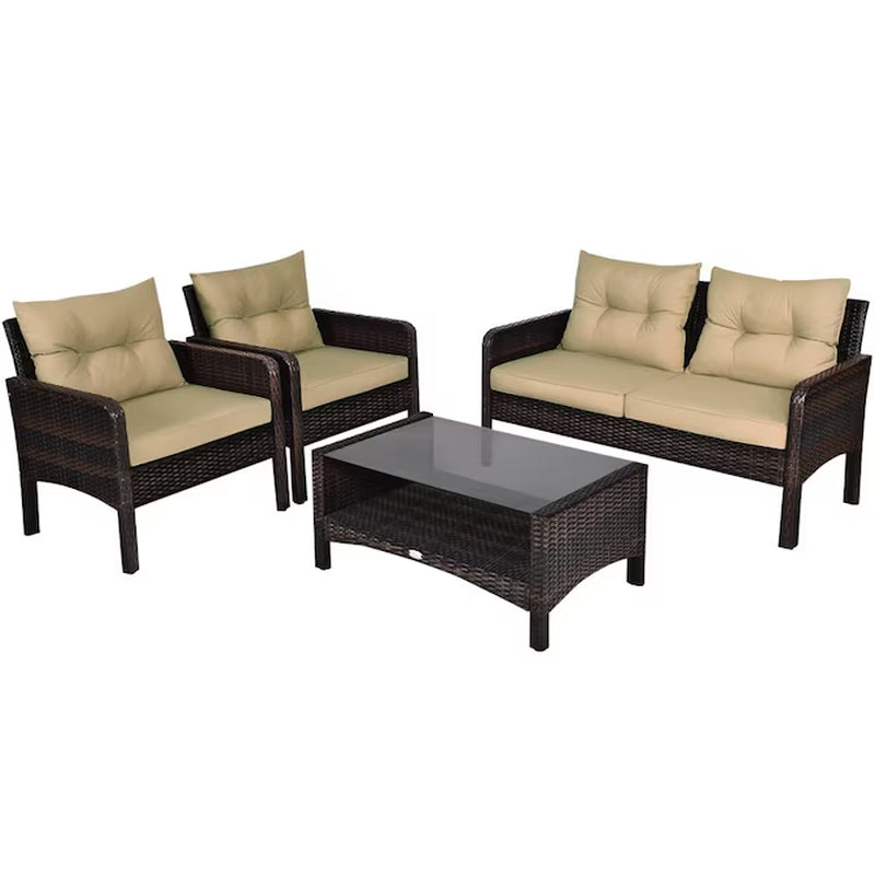 Rattan Outdoor Sofa with Brown Cushions and Steel Frame