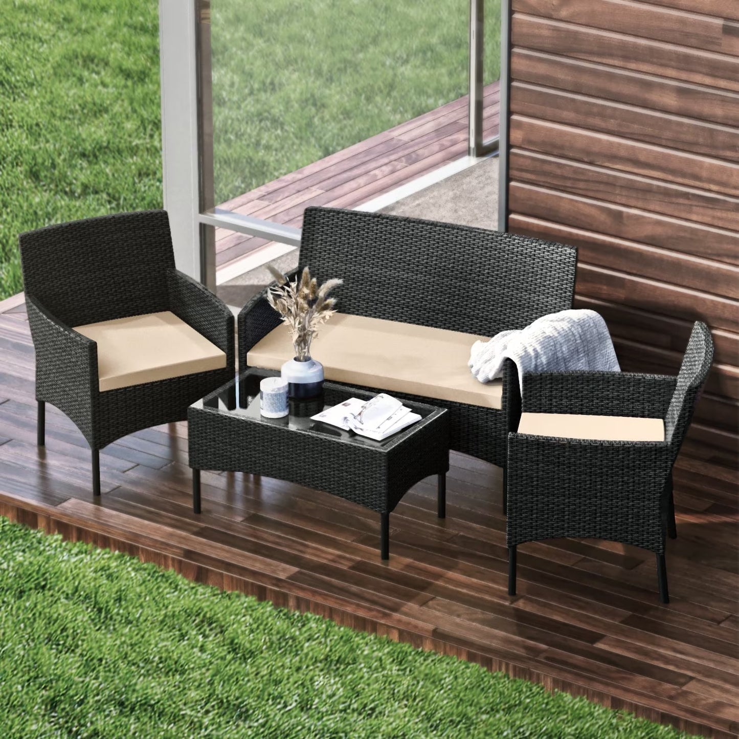 Outdoor Furniture Set, 4 Piece Wicker Patio Chairs Set, Brown with Beige Cushions