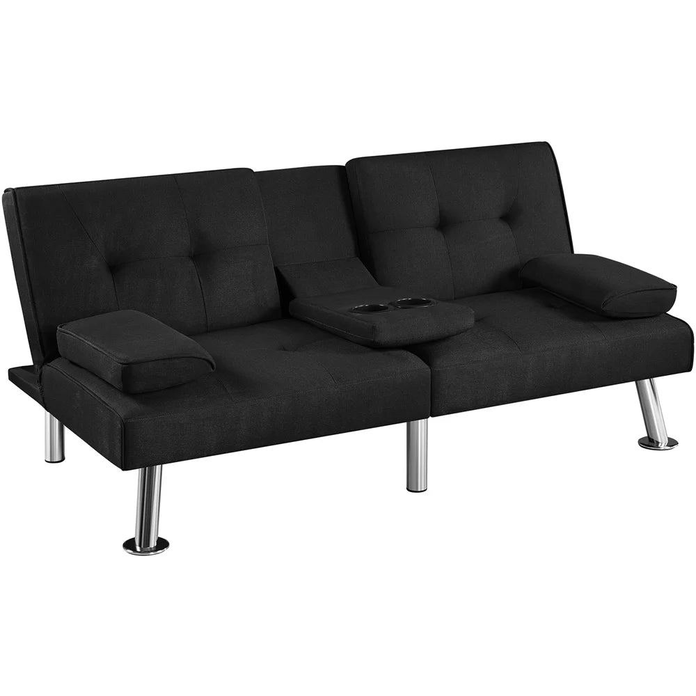 Fabric Upholstered Convertible Futon Sofa Bed with Cup Holders and Pillows, Black
