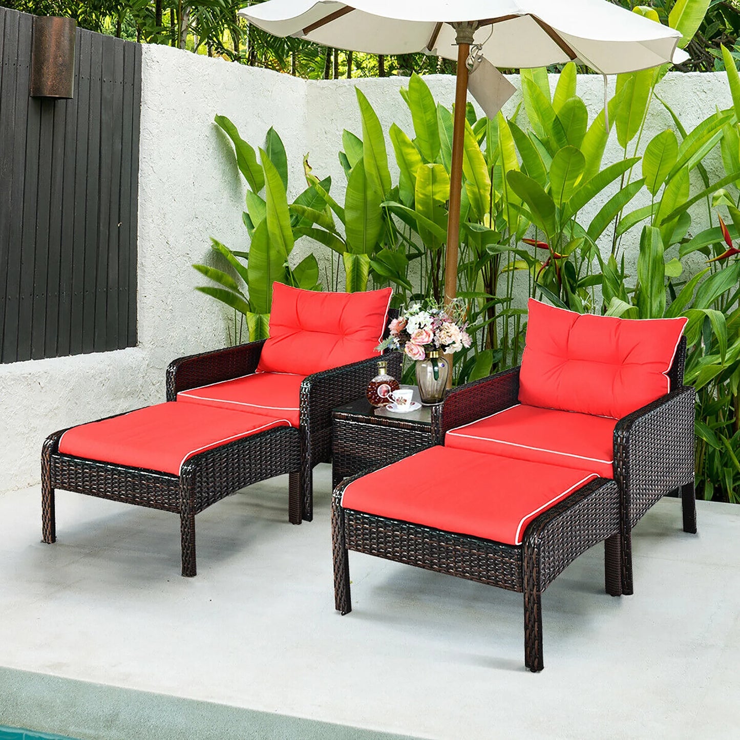 5 PCS Patio Rattan Furniture Set Sofa Ottoman Table Cushioned Yard Red