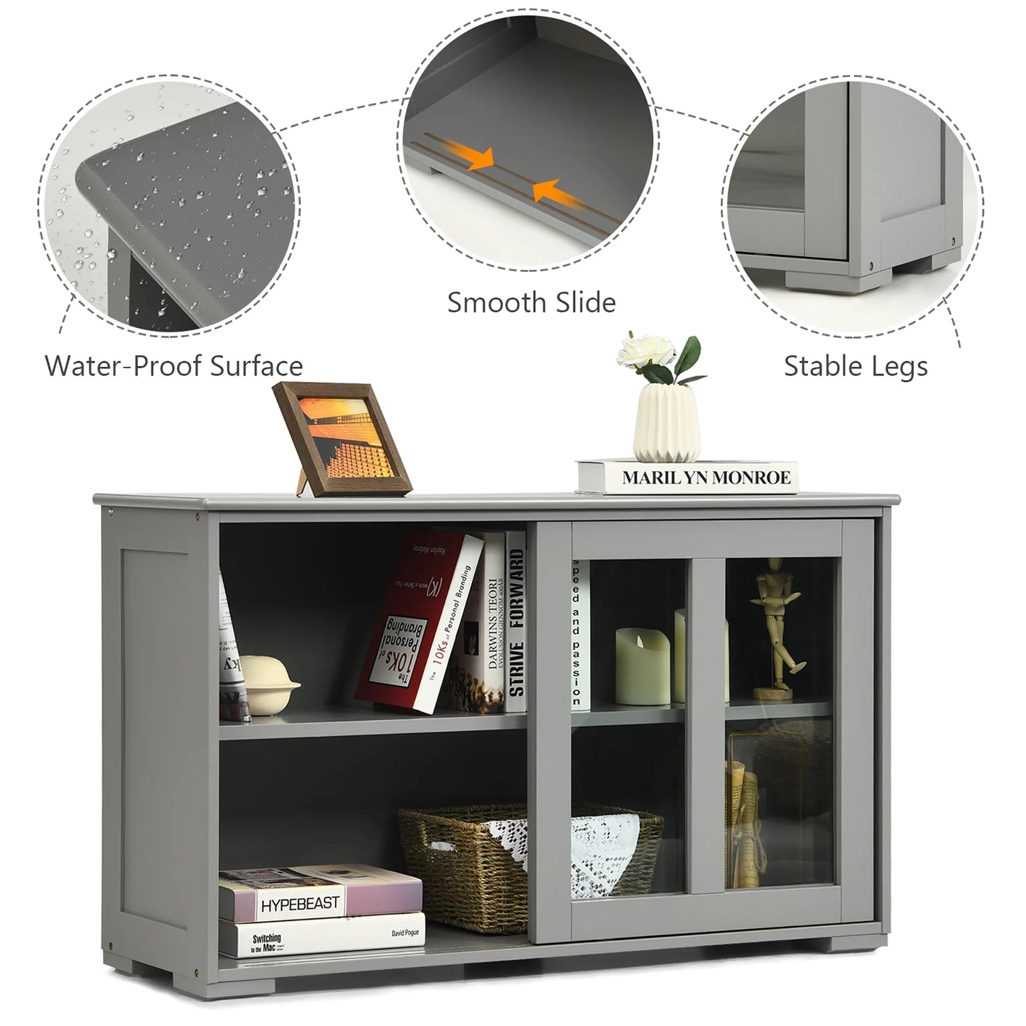 Kitchen Storage Cabinet Sideboard Buffet Cupboard W/ Sliding Door Gray