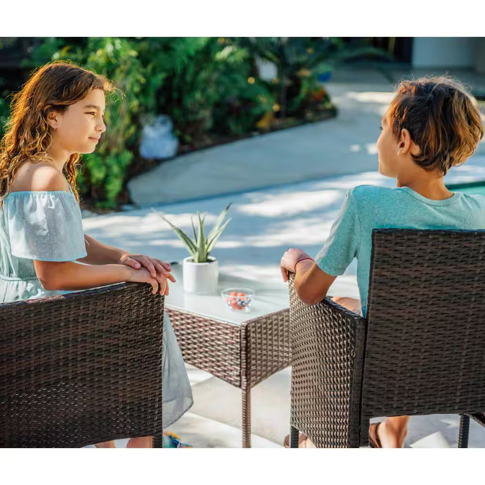 4-Piece Brown Patio Outdoor Furniture Wicker Conversation Set with Blue Cushions, 1-Loveseat, 2-Chairs and Coffee Table