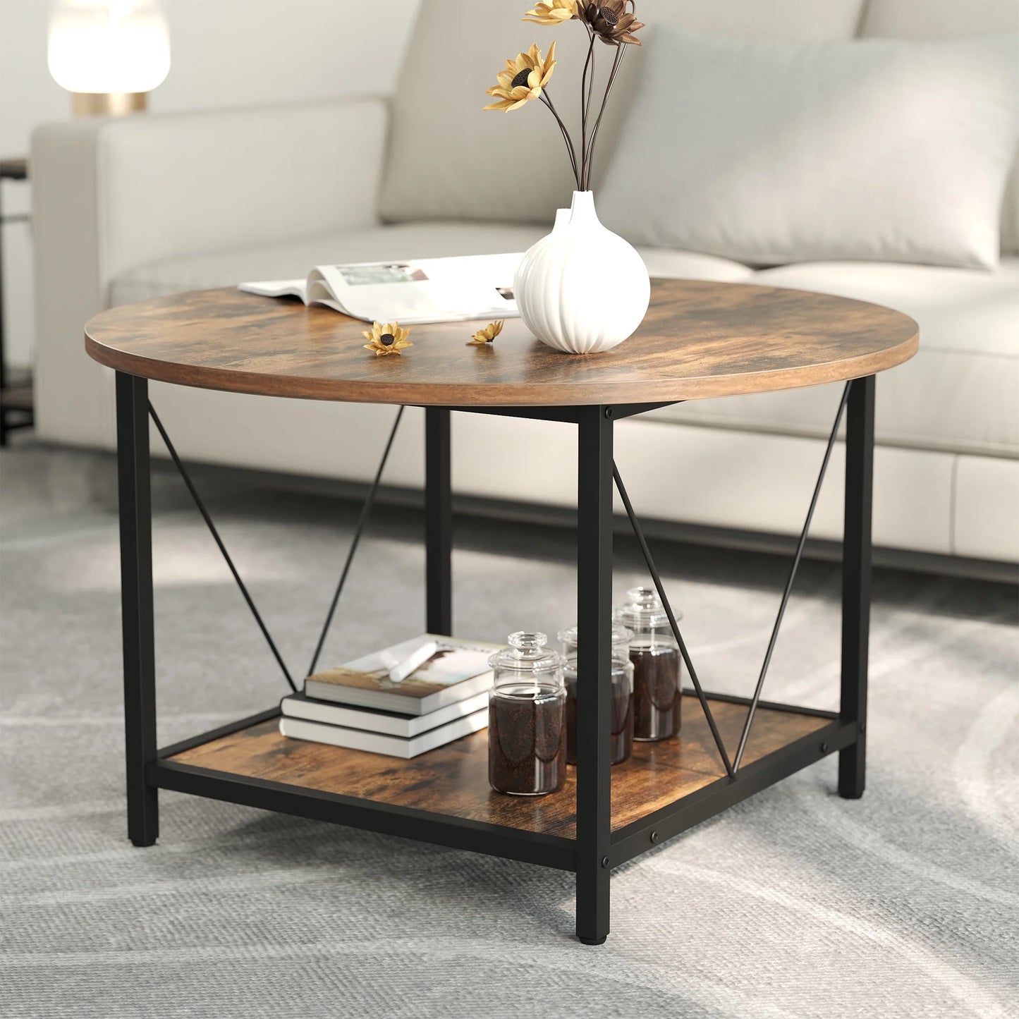 round Coffee Table with Storage, Rustic Living Room Tables with Sturdy Metal Legs, Brown