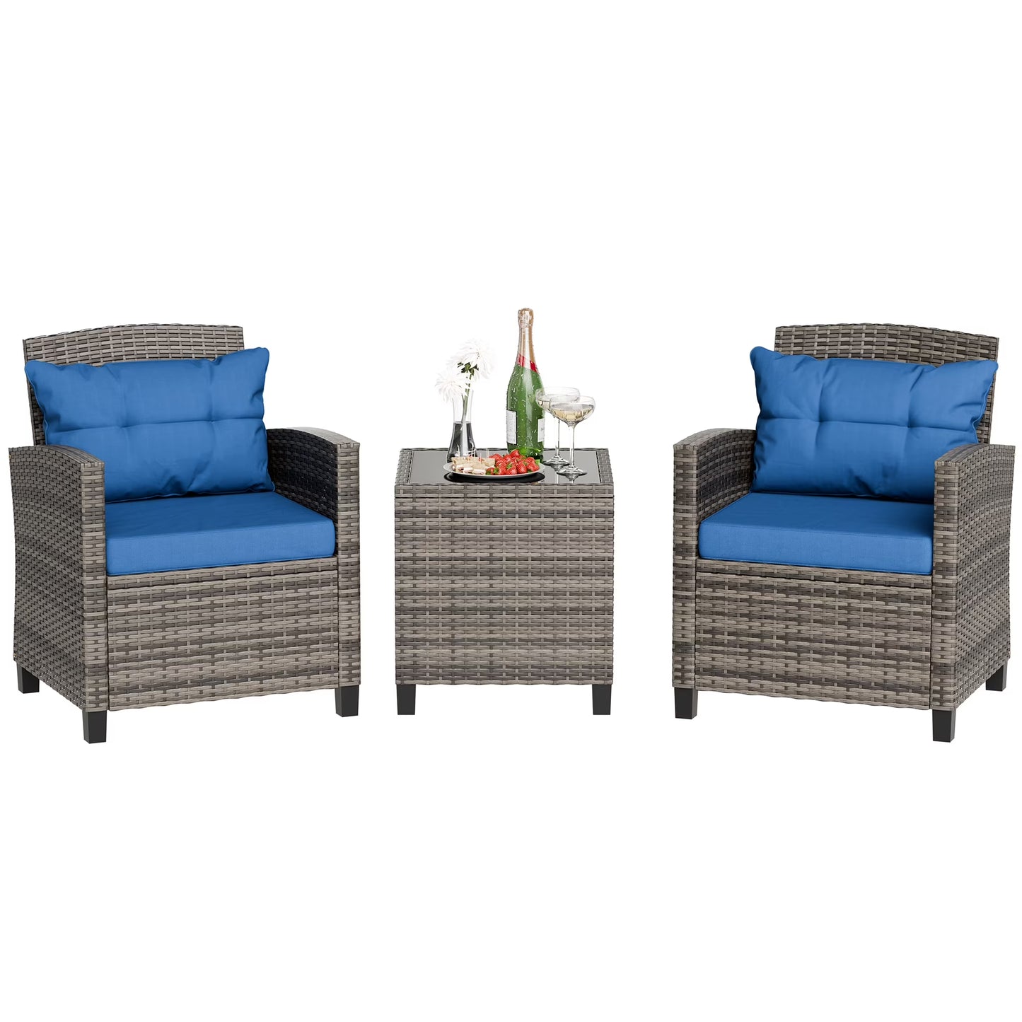 3 Pieces Outdoor Rattan Wicker Patio Furniture Set PE Chairs and Table Set