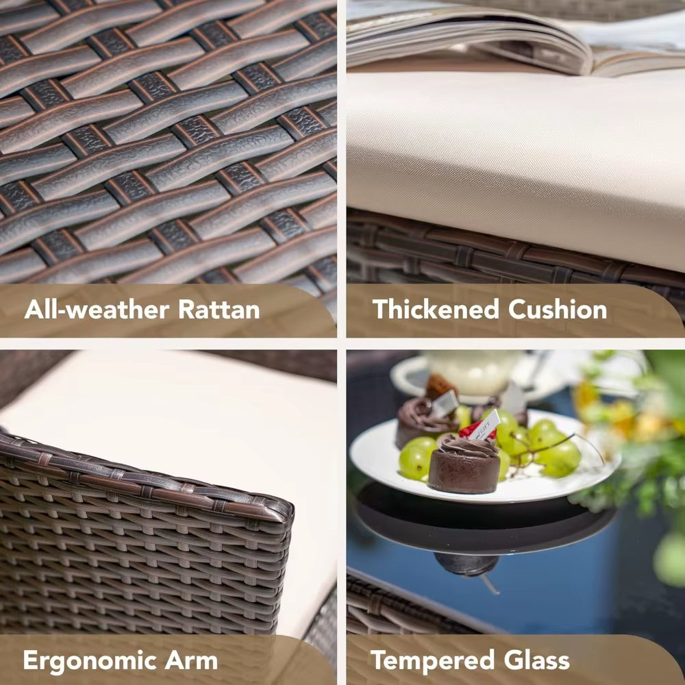 4 Pieces Outdoor Patio Furniture Set, PE Rattan Wicker Chairs Balcony Lawn Porch Patio Furniture Sets with Beige Cushion and Ta