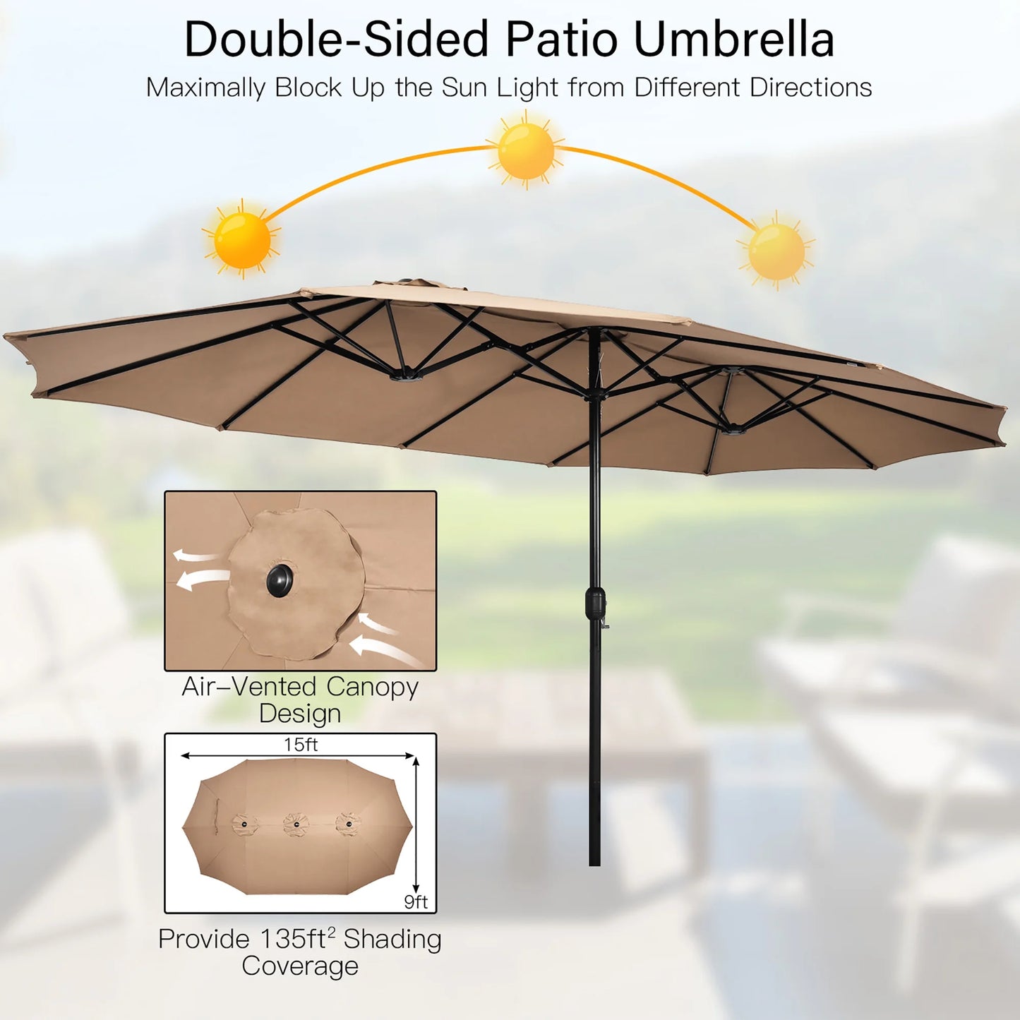 96" Coffee Rectangle Market Patio Umbrellas, Water-Resistant
