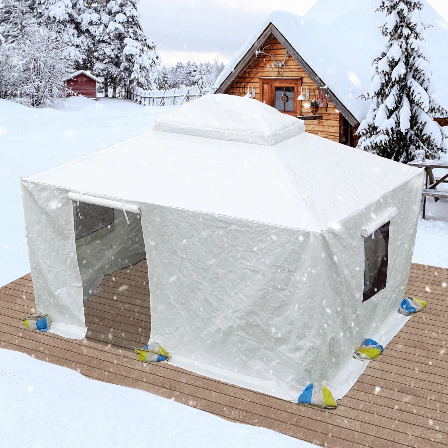Gazebo Accessories 12' X 12' Double Roof Universal Winter Gazebo Cover for Hardtop Gazebos,Enclosed Cover with Sidewalls and Mesh Windows Waterproof (White) by