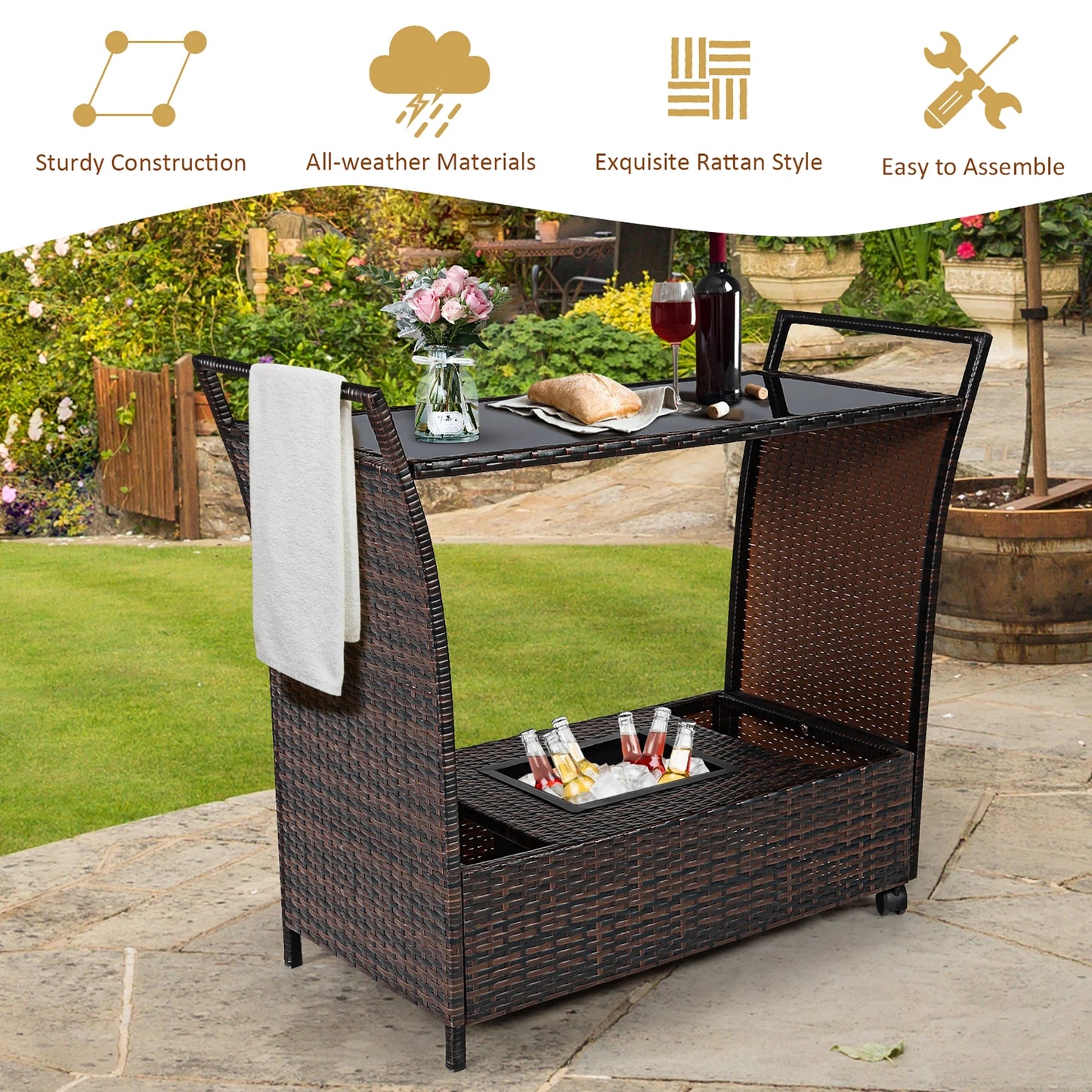 Patio Rolling Rattan Kitchen Trolley Cart Dining Aluminum Frame with Storage Box