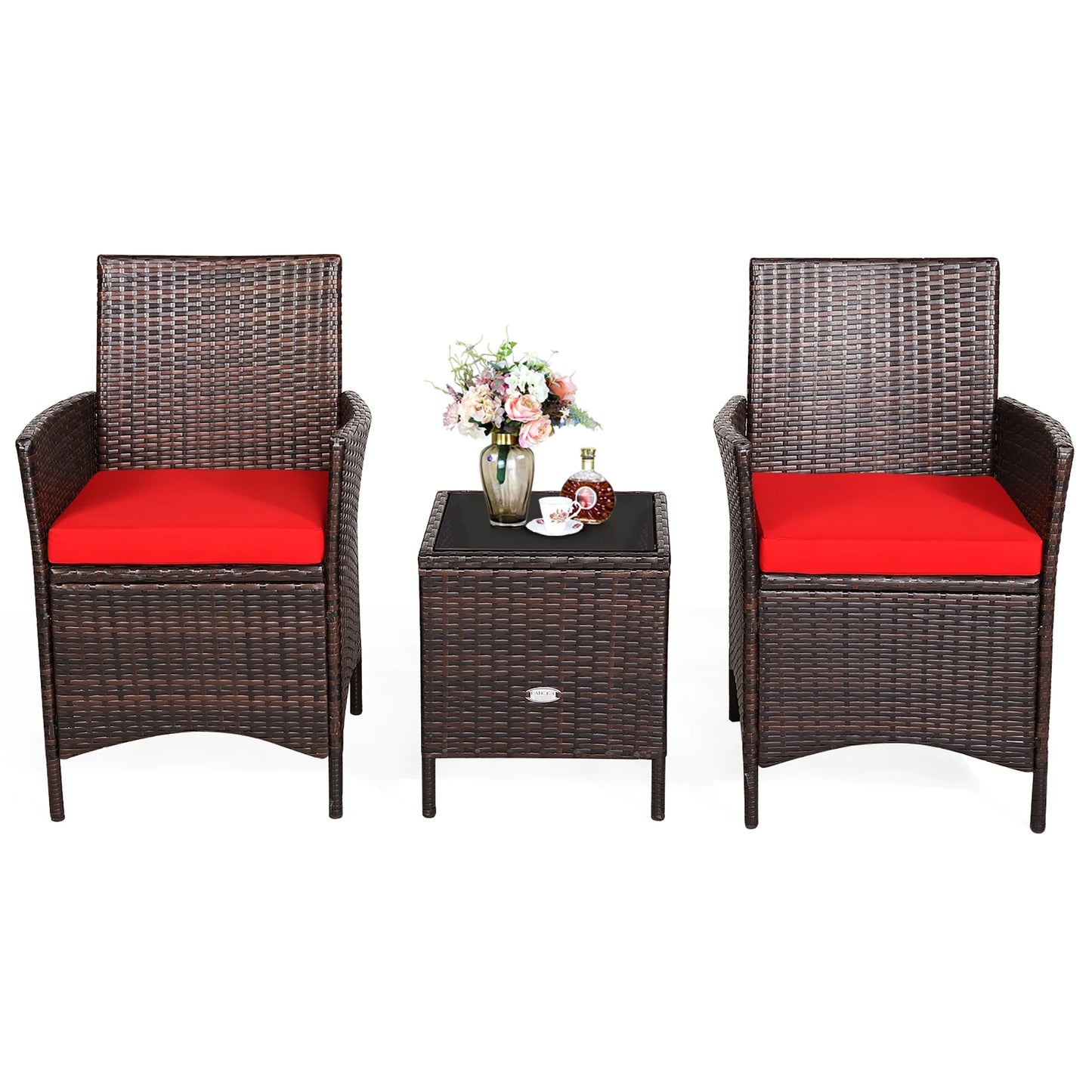 3PCS Patio Rattan Furniture Set Cushioned Sofa Glass Tabletop Deck Red
