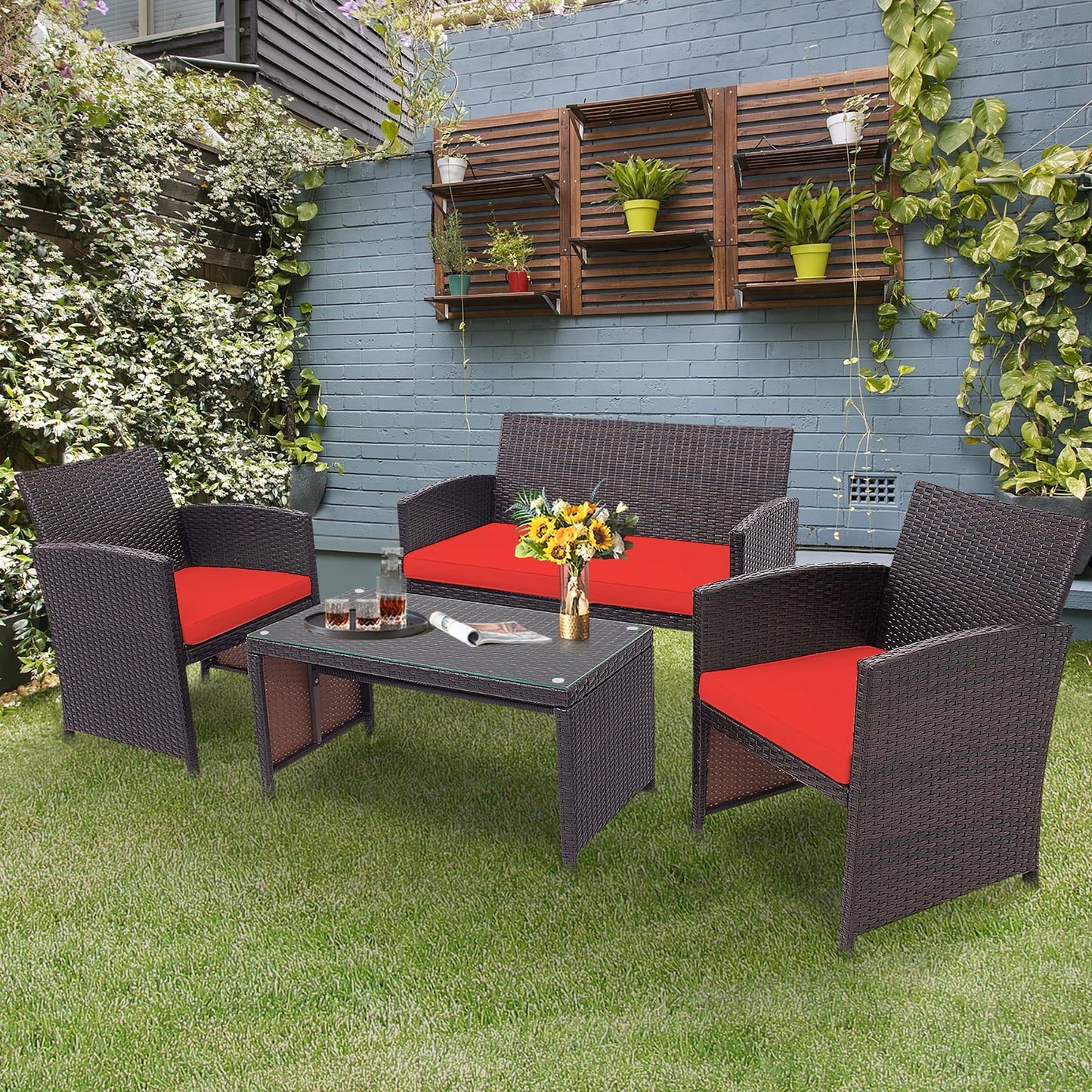 4PCS Patio Rattan Furniture Set Cushioned Chair Sofa Coffee Table Turquoise