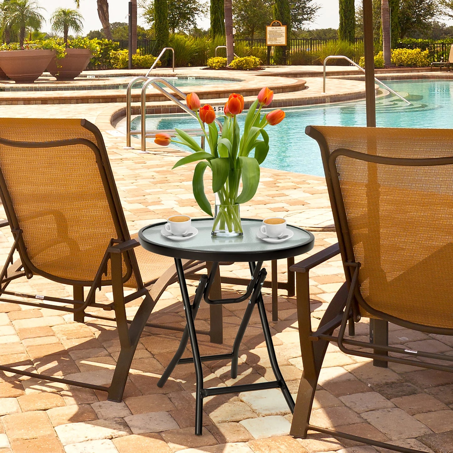 Patio Folding round Glass Side Table Bistro Coffee Table Plant Stand