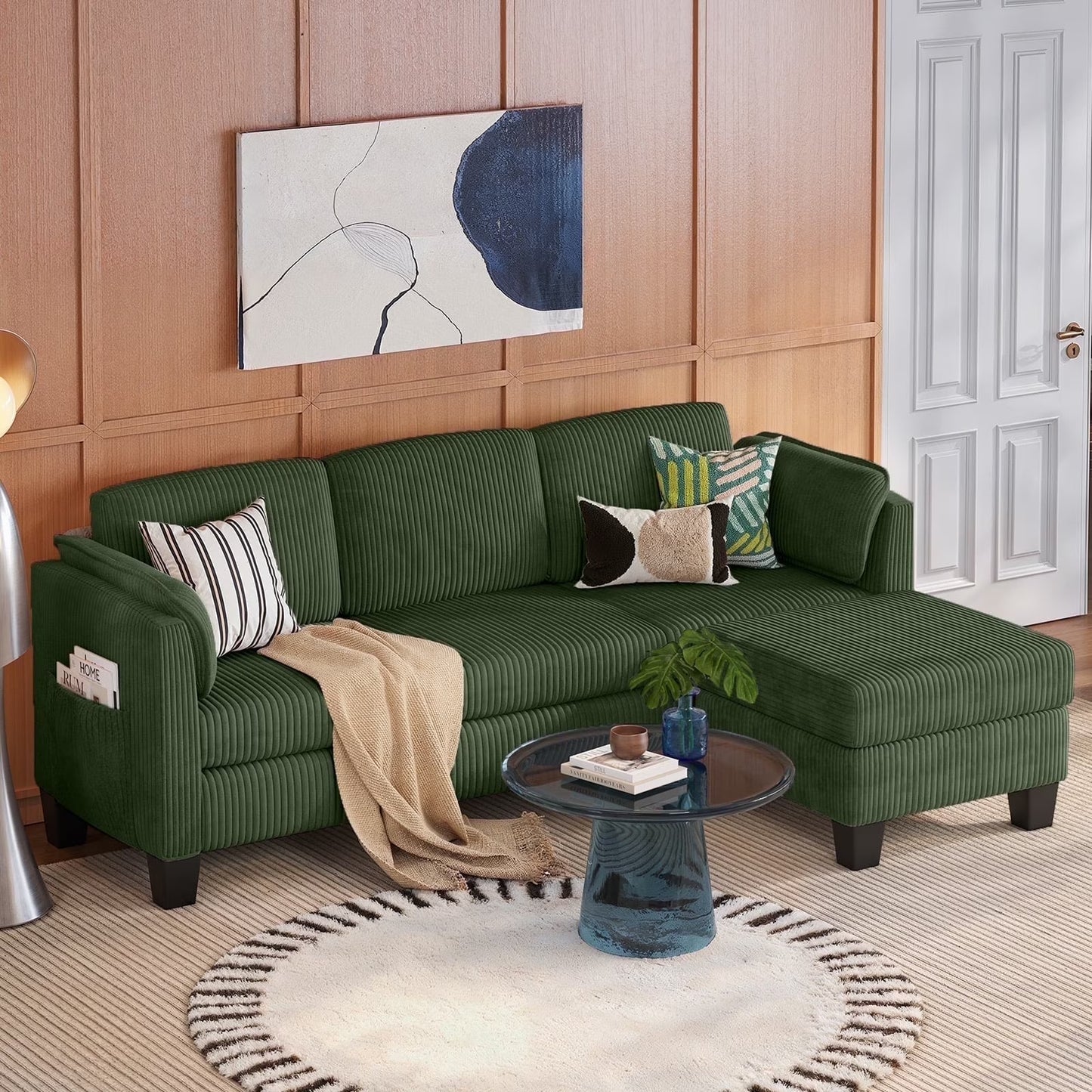 Corduroy Sectional Sofa Couches for Living Room, L-Shaped Modular Small Couch Convertible 3 Seater Sofa with Ottaman Storage,Beige