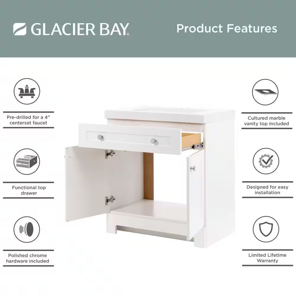 Everdean 31 In. Single Sink White Bath Vanity with White Cultured Marble Top (Assembled)