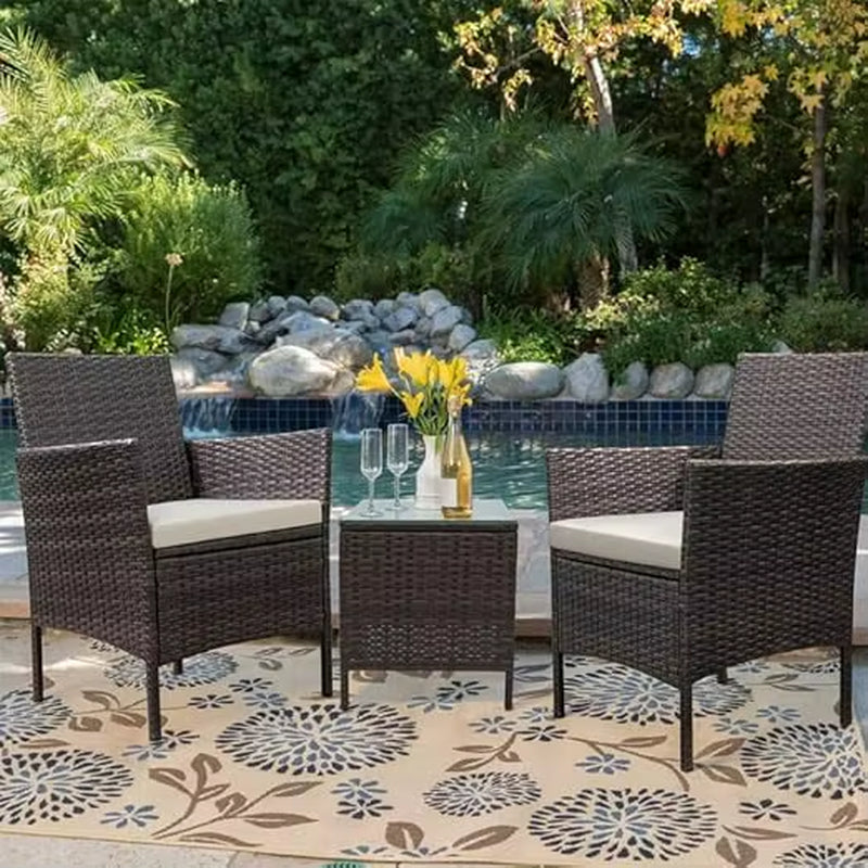 3 Pieces Patio Furniture Sets Outdoor Patio Chairs Set of 2 PE Rattan Wicker Chairs with Table for Garden Porch Lawn Poolside(B