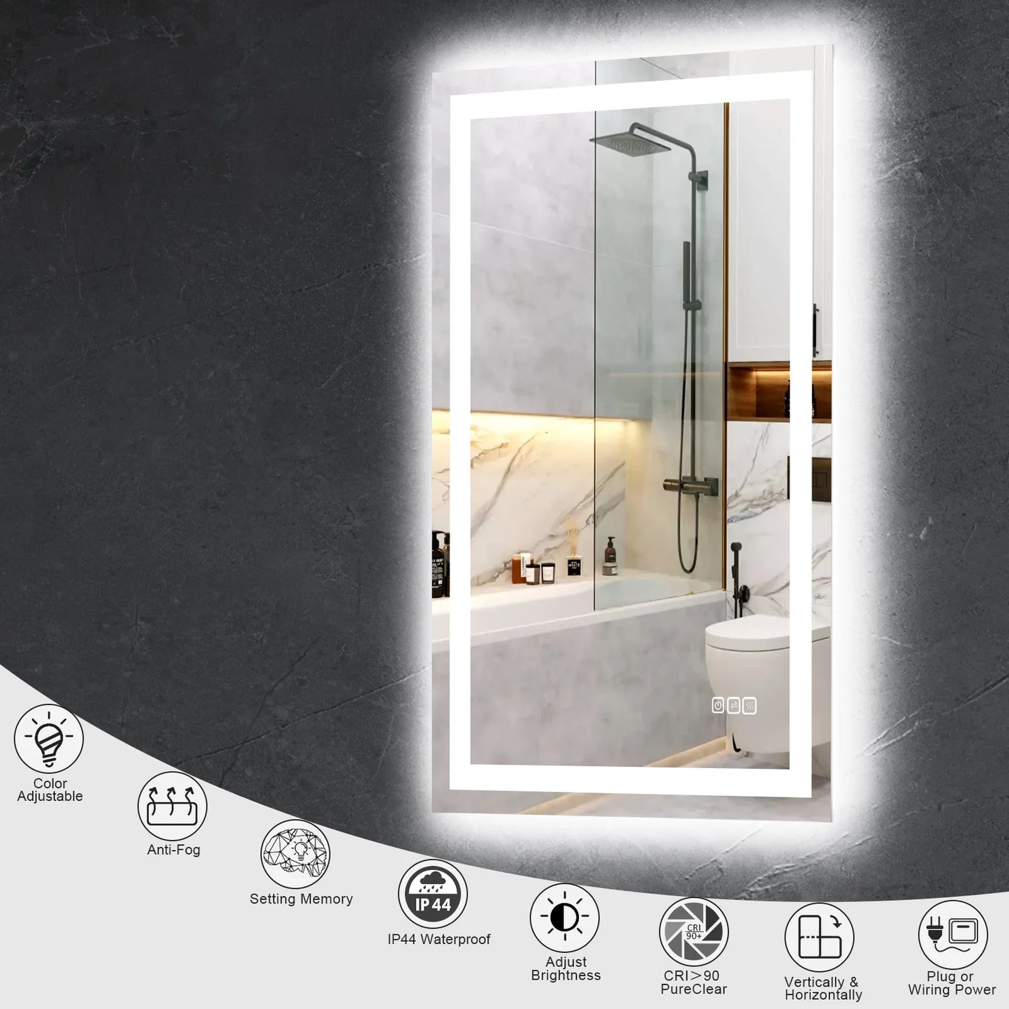 24” X 36” LED Bathroom Mirror with Lights, Wall Mounted Vanity Mirror with Front & Backlit, Anti-Fog, Dimmable Touch Control, Horizontal & Vertical Installation