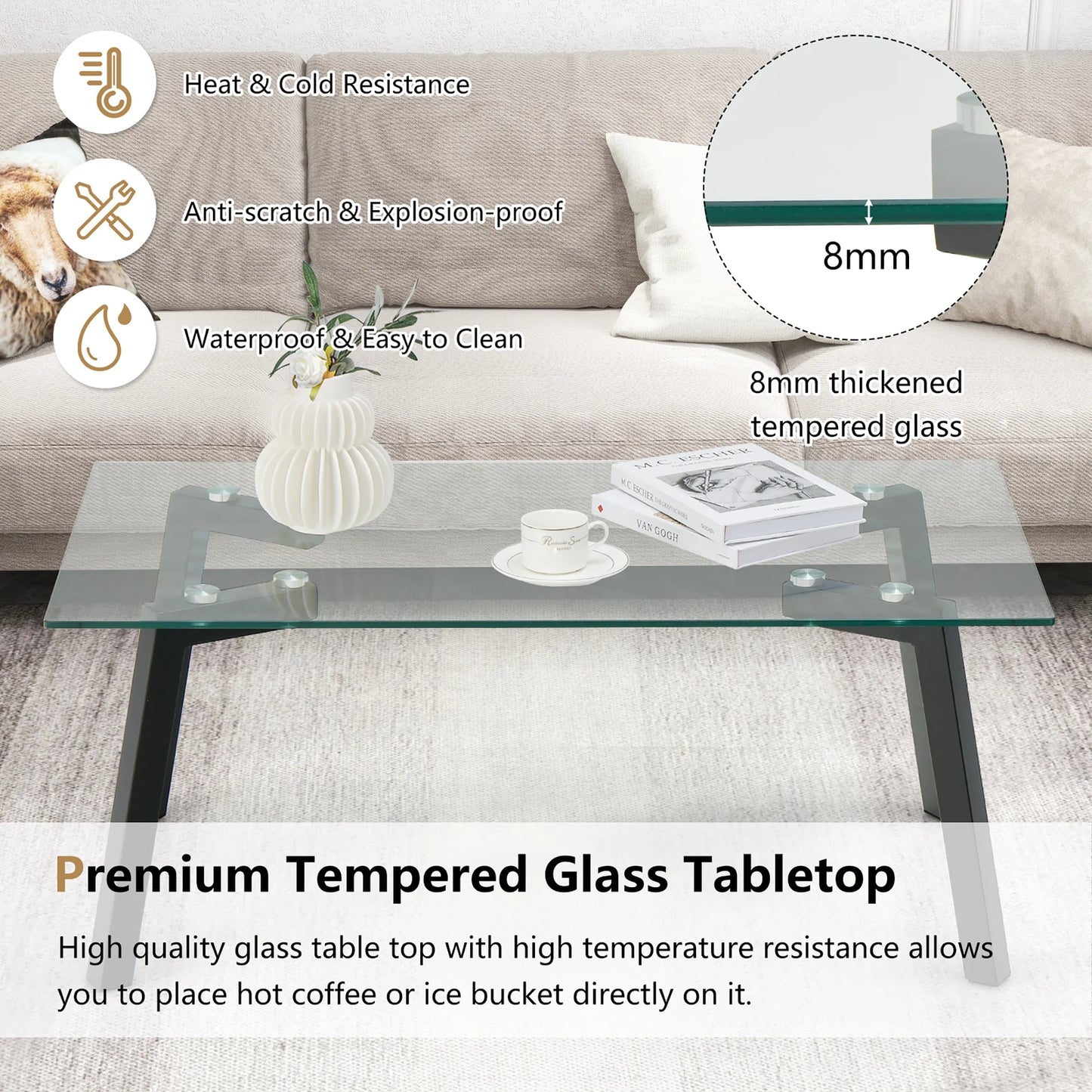 Tempered Glass Coffee Table Modern Center Table with Metal Frame for Living Room