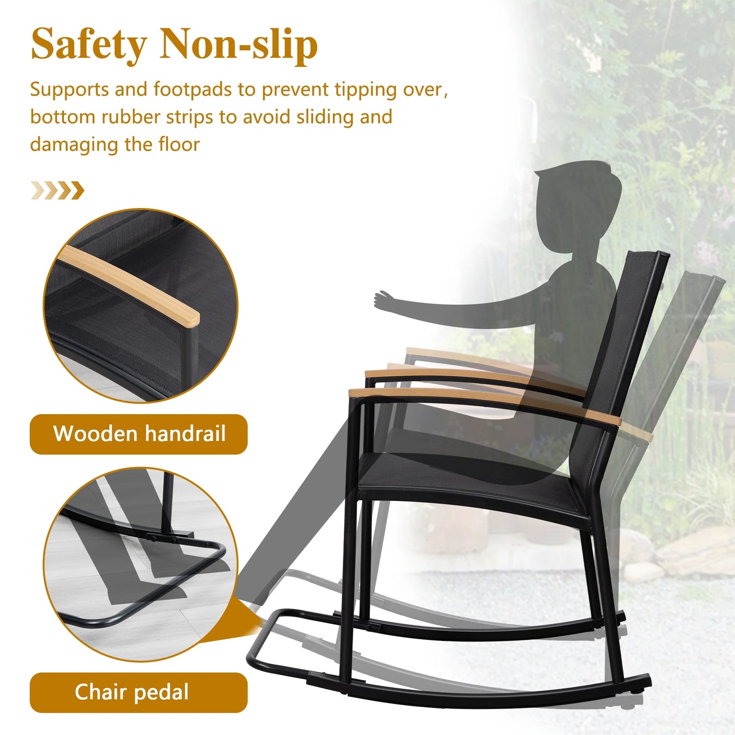 3-Piece Patio Bistro Sets, Outdoor Breathable Rocking Chairs & Black Furniture Conversation Set-Two Chairs with Coffee Table Black