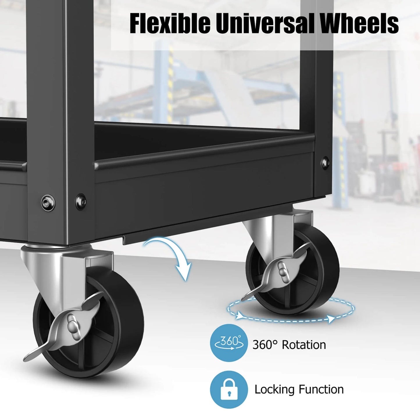 3-Tier Metal Utility Cart 400 Lbs Storage Service Trolley Tool Storage Black