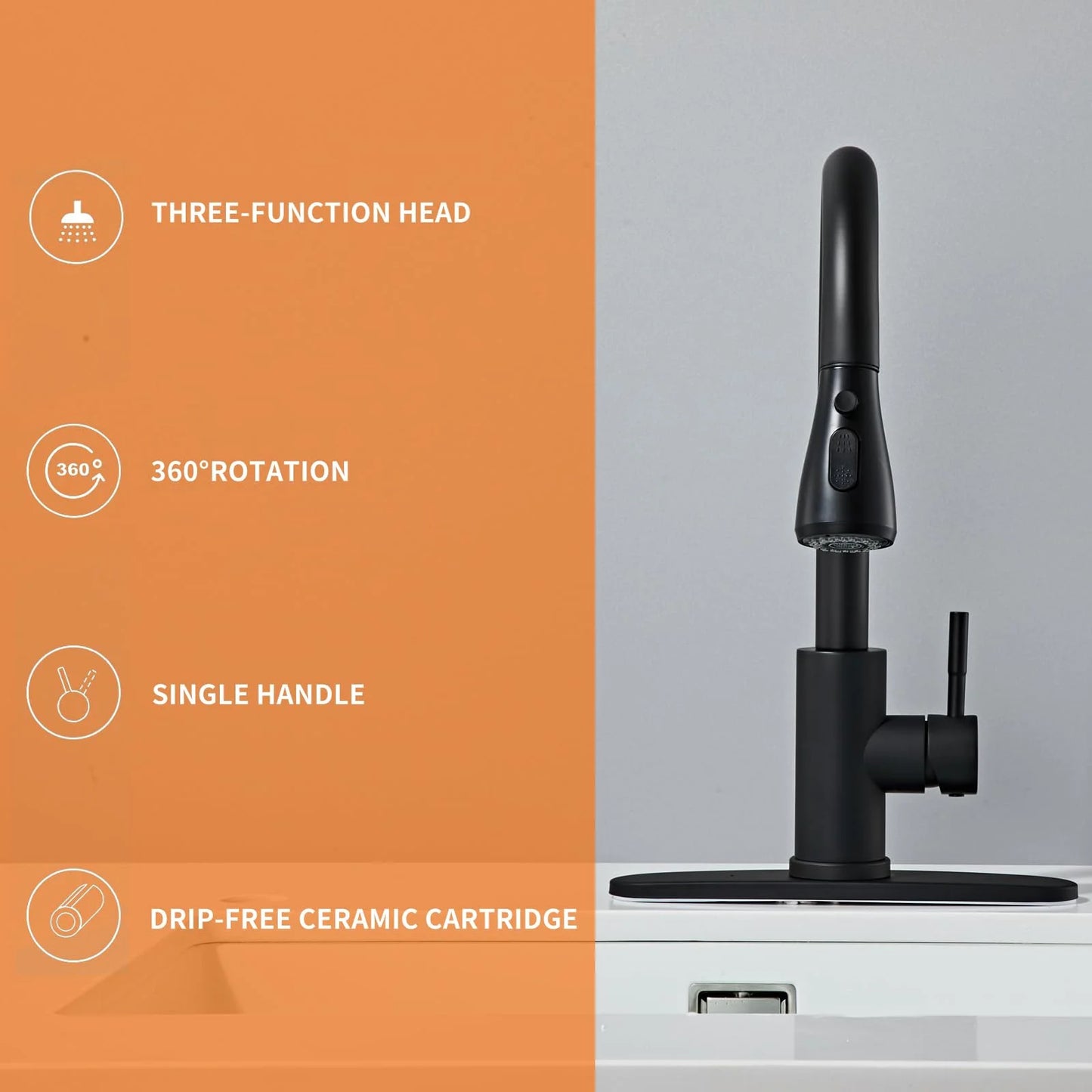VQJTCVLY Black Kitchen Faucets, Waterfall Kitchen Sink Faucet, Commercial Utility Stainless Steel Kitchen Faucets,Single Handle Kitchen Sink Faucet for 3 Function