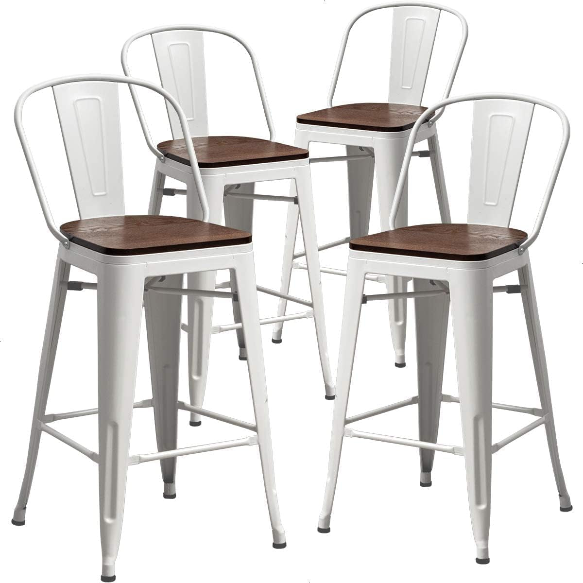 Metal Bar Stools Set of 4,26 Inch Barstools Counter Height Bar Stool with Backs Farmhouse Bar Stools with Larger Seat High Back Kitchen Dining Chairs Modern Bar Chairs White Cream Stool