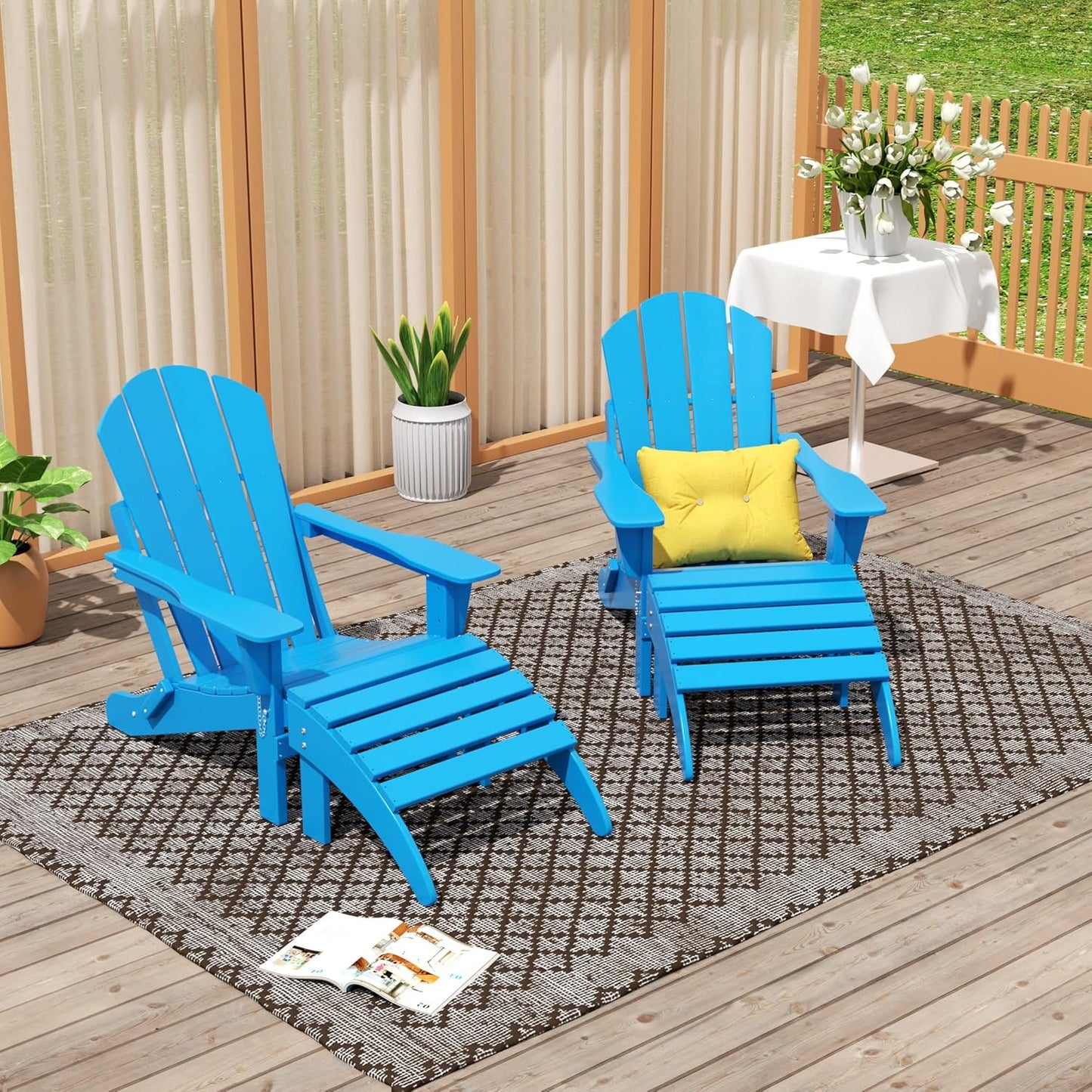 WO Home Furniture Adirondack Chair Outdoor Ottoman Set of 2 PCS Classic Patio Furniture (Pacific Blue)