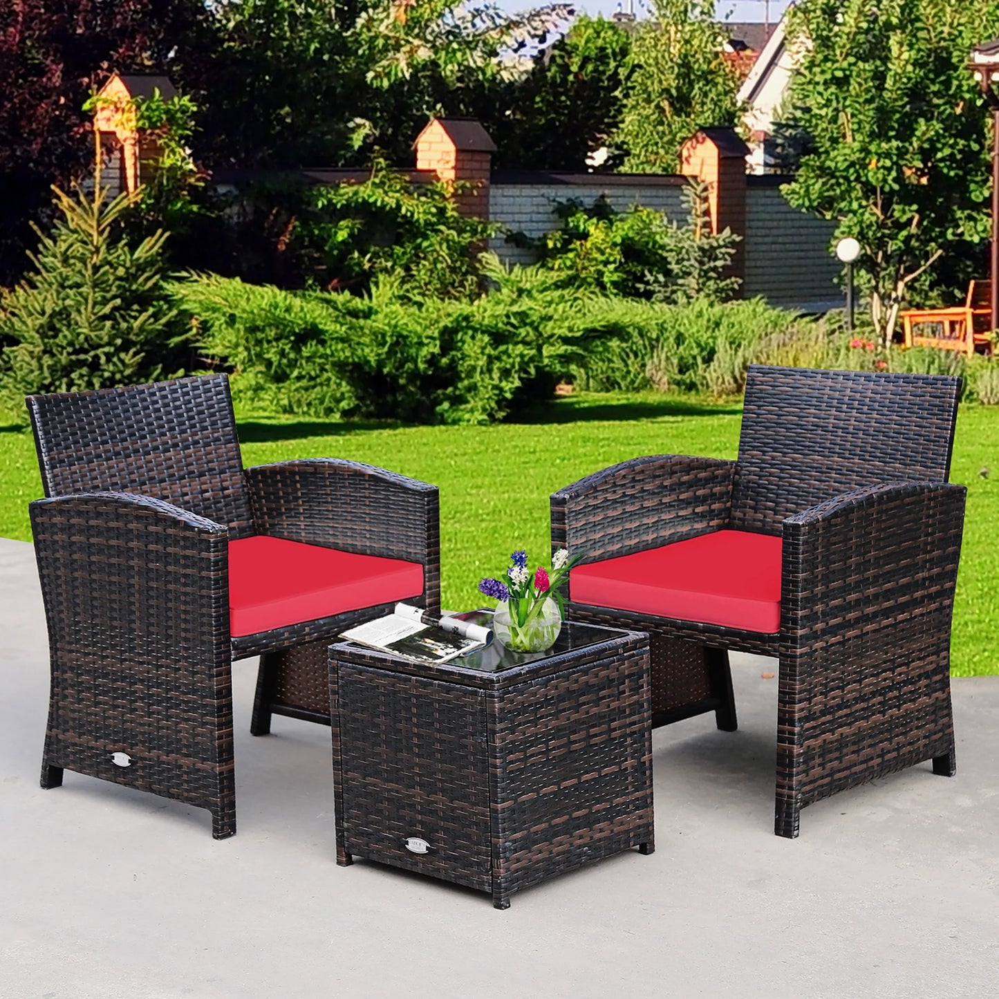 3PCS Patio Rattan Wicker Furniture Cushion Sofa Coffee Table White