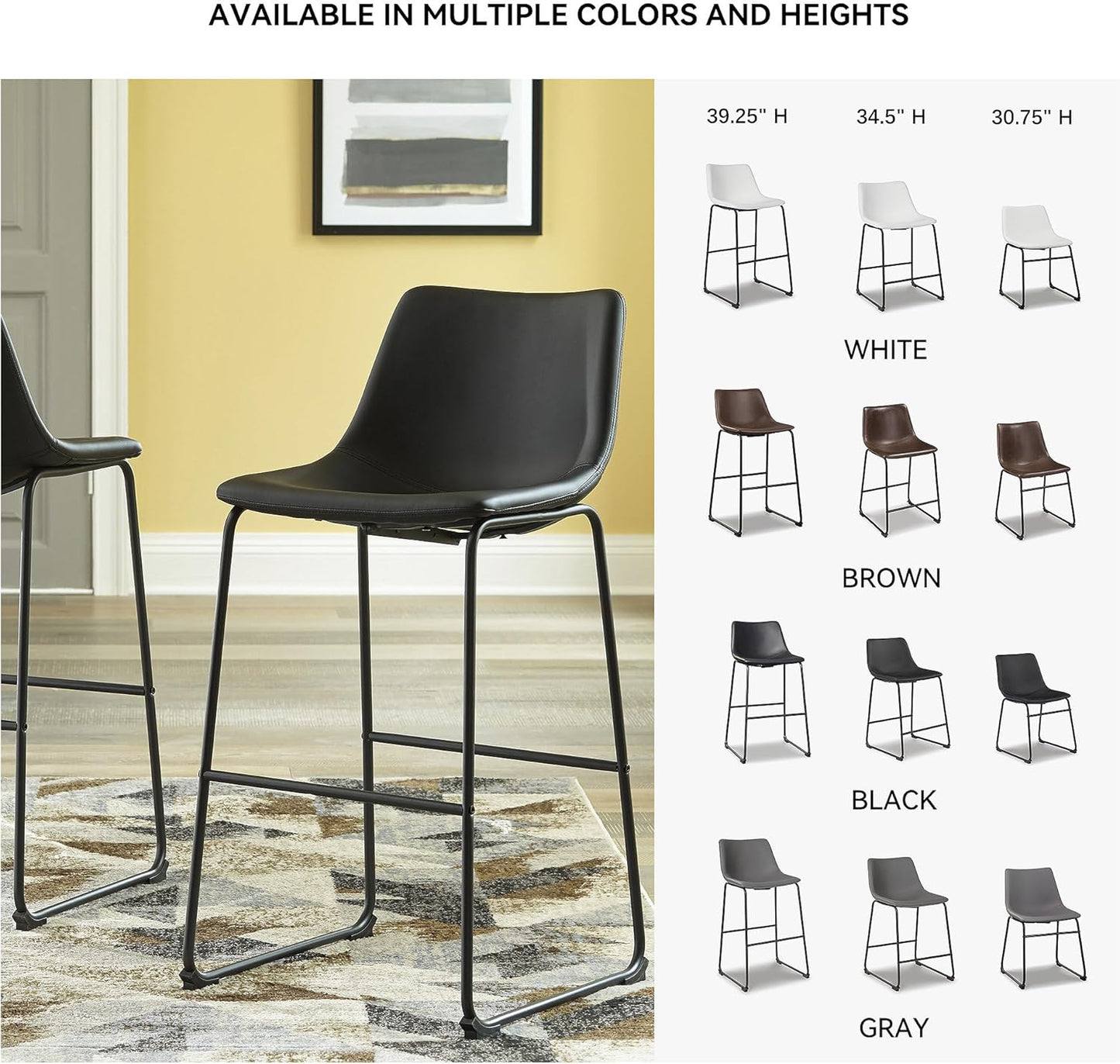 Centiar Modern Faux Leather Pub Height Bucket Seat Barstool, 30" Seat Height, Set of 2, Black