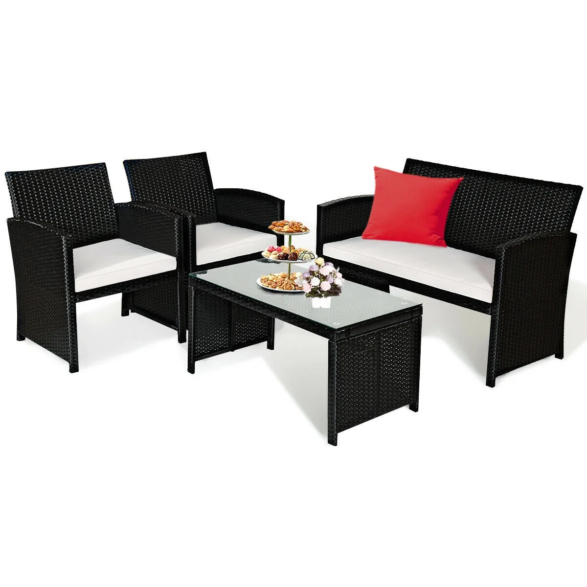4-Piece Rattan Outdoor Conversation Set with Sofa and Coffee Table, Black