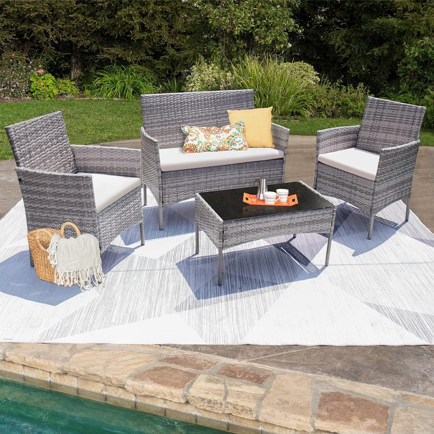 4 Pieces Outdoor Patio Furniture Sets Rattan Chair Wicker Set,Outdoor Indoor Use Backyard Porch Garden Poolside Balcony Furniture (Grey and Beige)