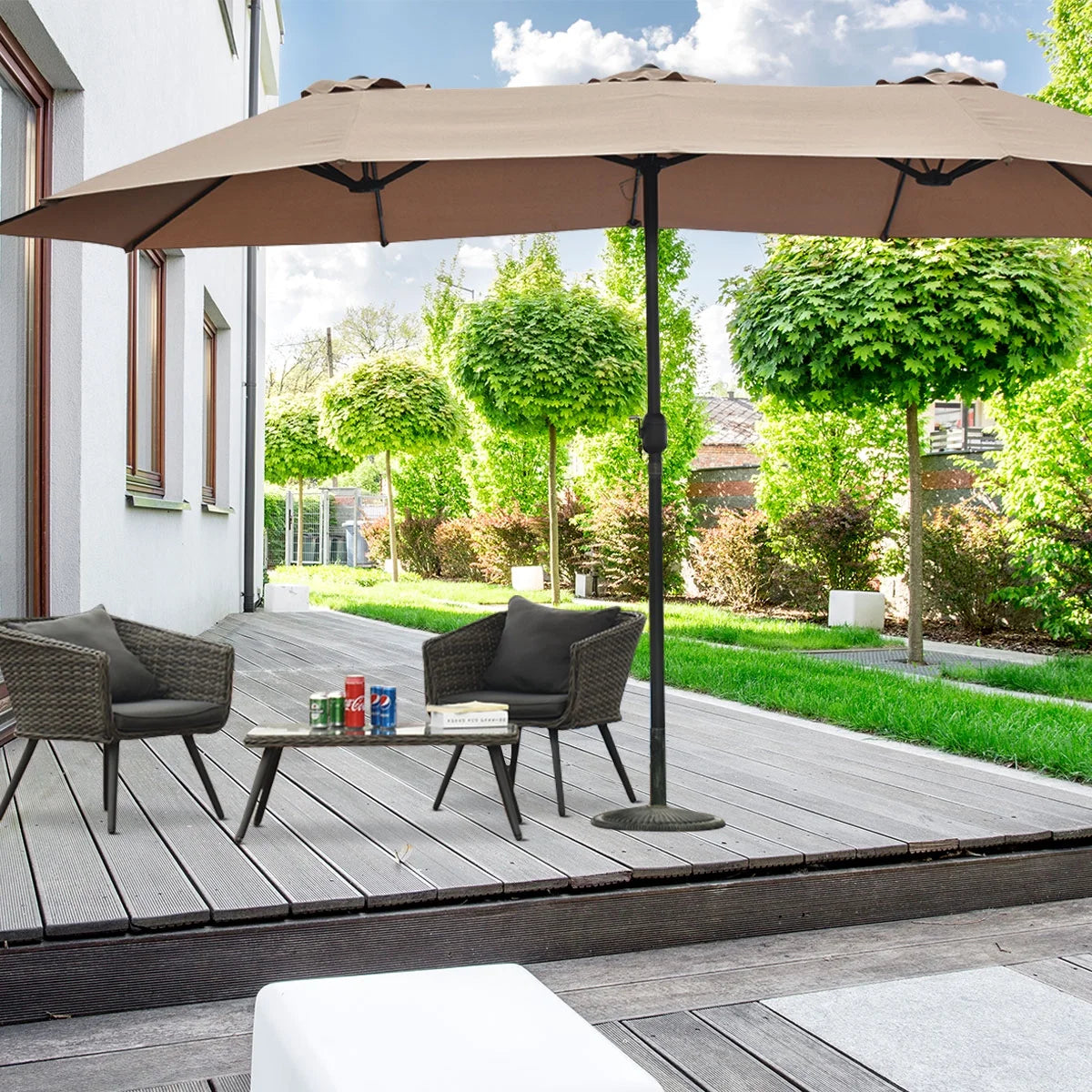 15' Market Outdoor Umbrella Double-Sided Twin Patio Umbrella with Crank Tan