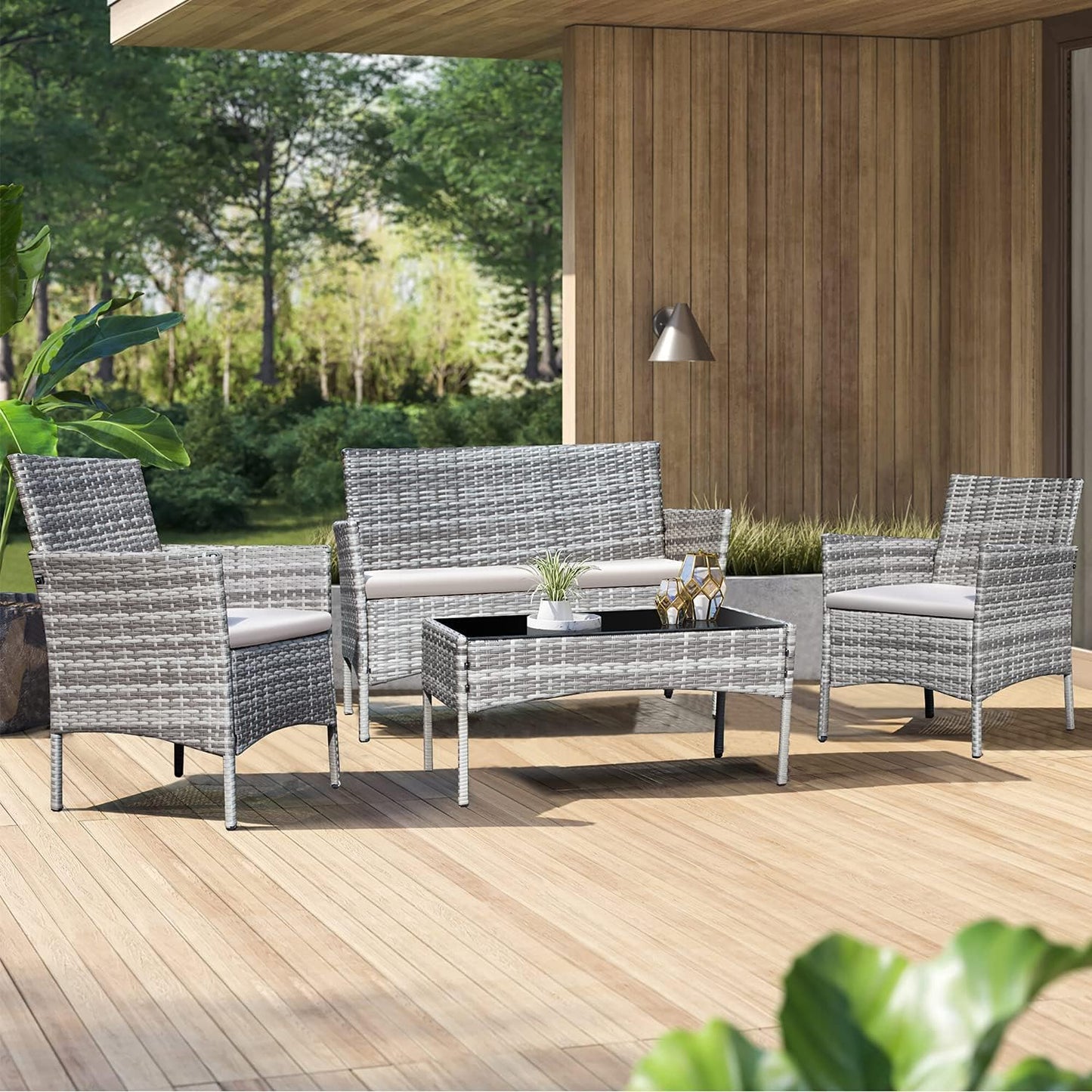 4 Pieces Outdoor Patio Furniture Sets Rattan Chair Wicker Set,Outdoor Indoor Use Backyard Porch Garden Poolside Balcony Furniture (Grey and Beige)