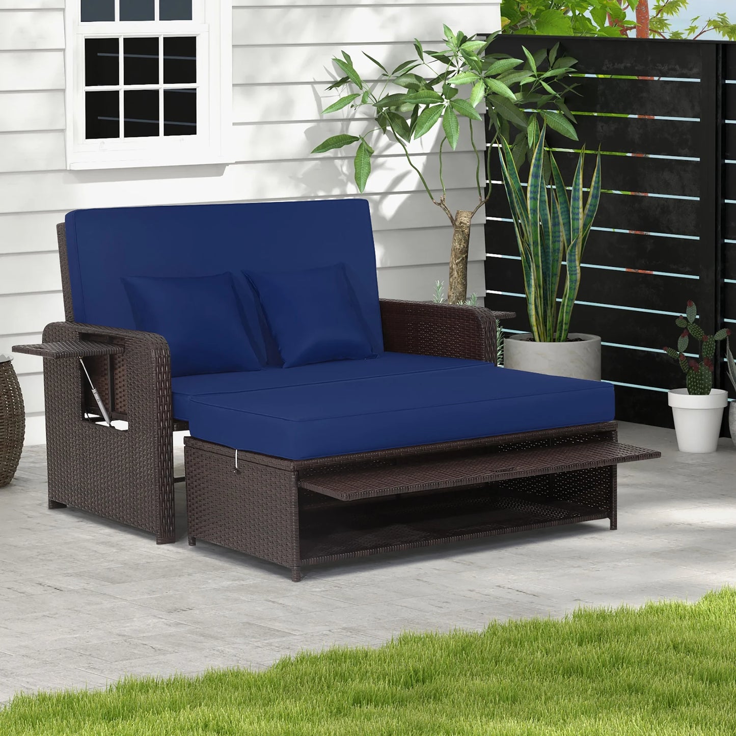 Patio Rattan Loveseat Set Daybed Lounge Storage Ottoman Side Tables Adjust Gray